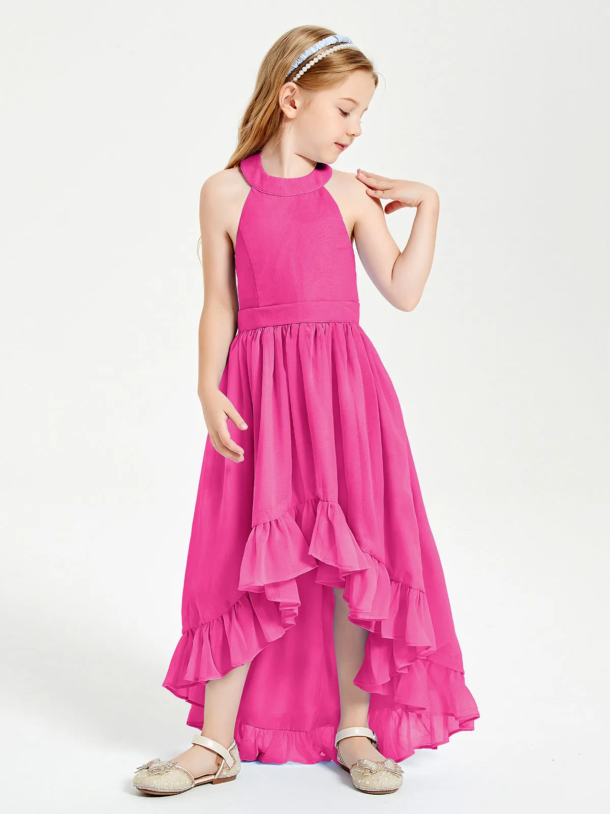 Boho Junior Bridesmaid Dresses Asymmetrical Cascading Skirt Fuchsia