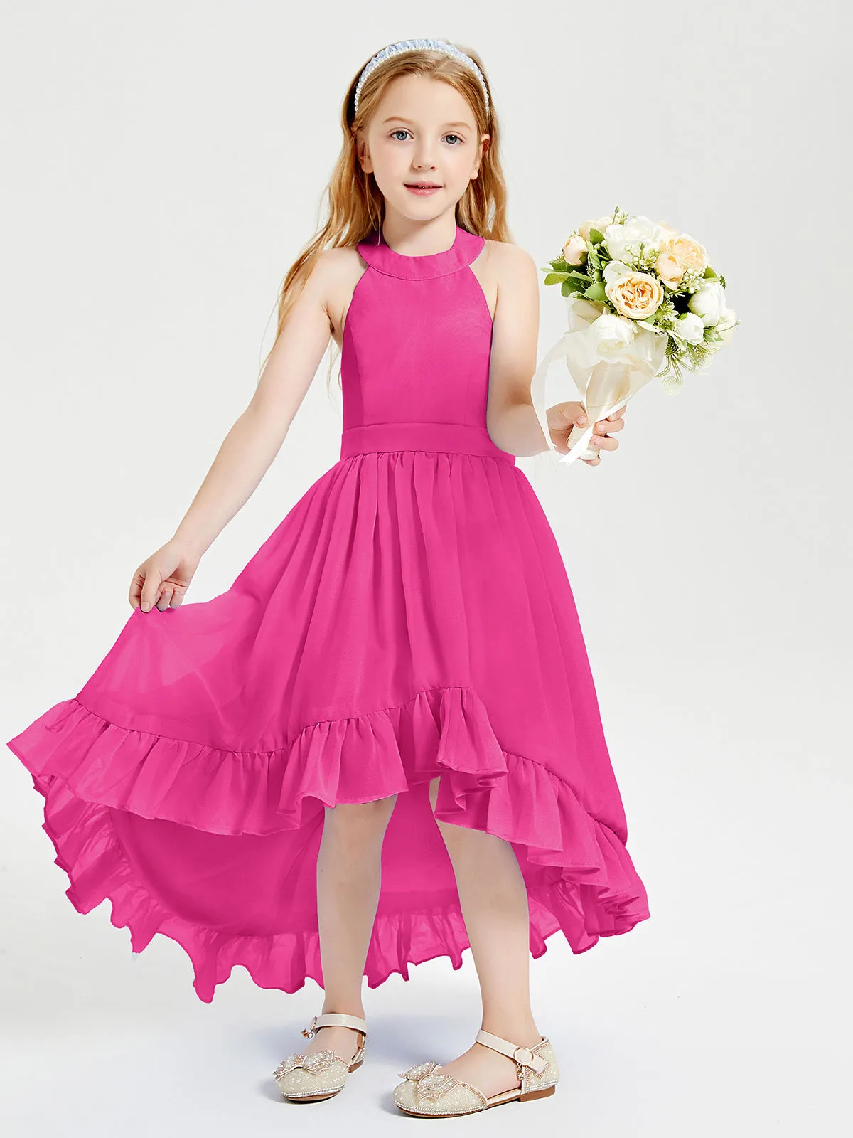 Boho Junior Bridesmaid Dresses Asymmetrical Cascading Skirt Fuchsia