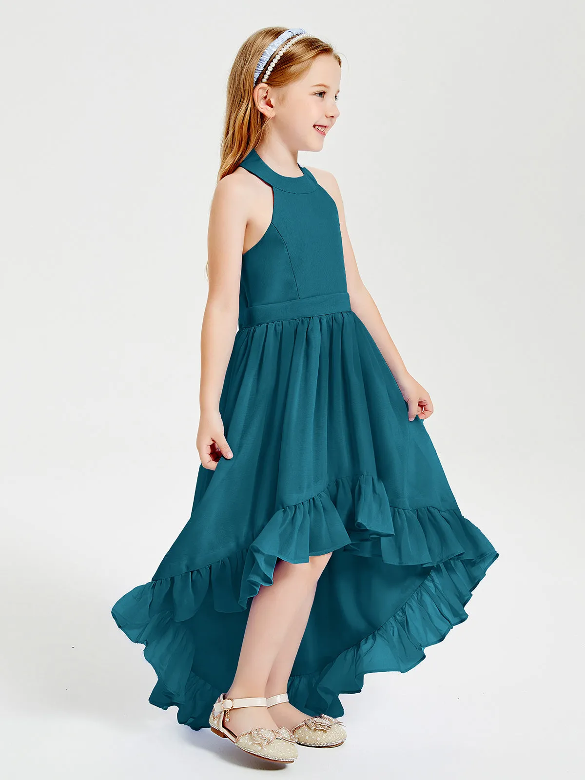 Boho Junior Bridesmaid Dresses Asymmetrical Cascading Skirt Ink Blue