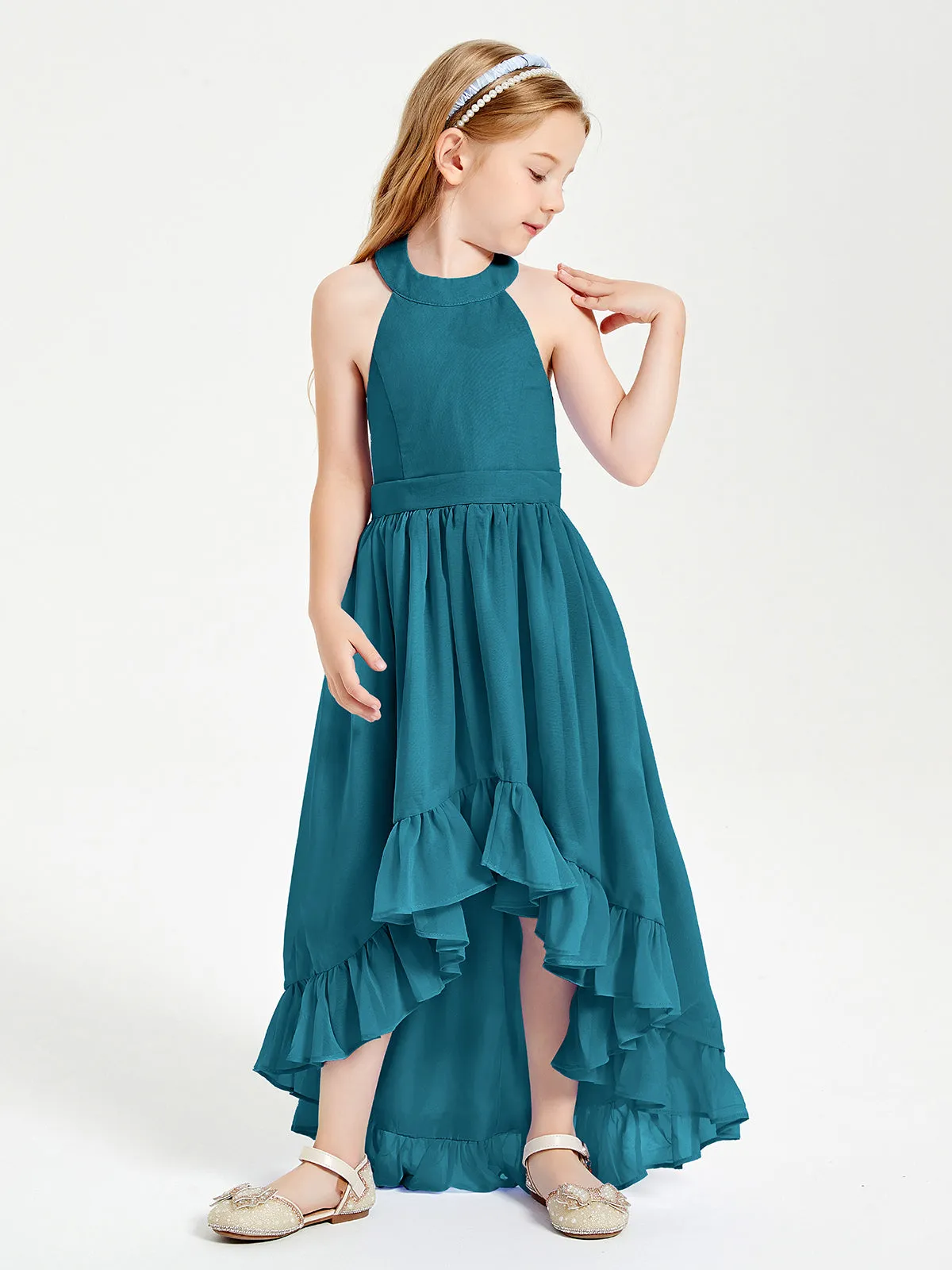 Boho Junior Bridesmaid Dresses Asymmetrical Cascading Skirt Ink Blue