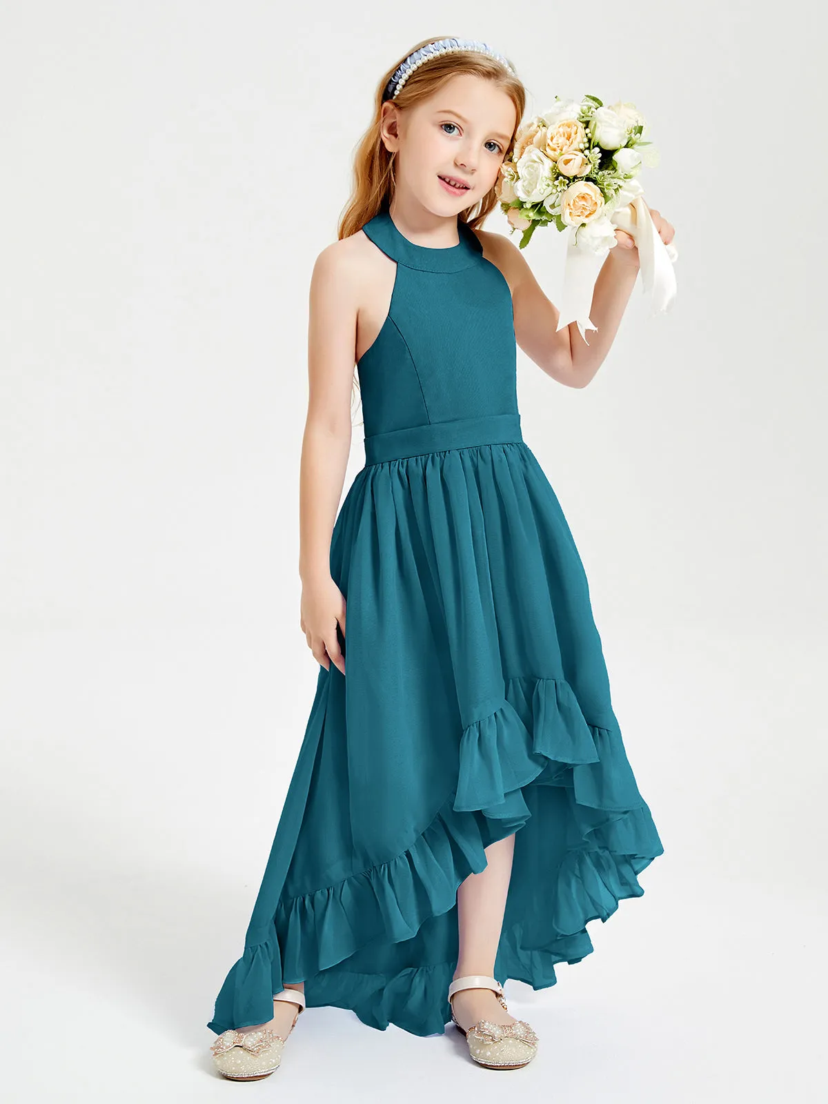 Boho Junior Bridesmaid Dresses Asymmetrical Cascading Skirt Ink Blue