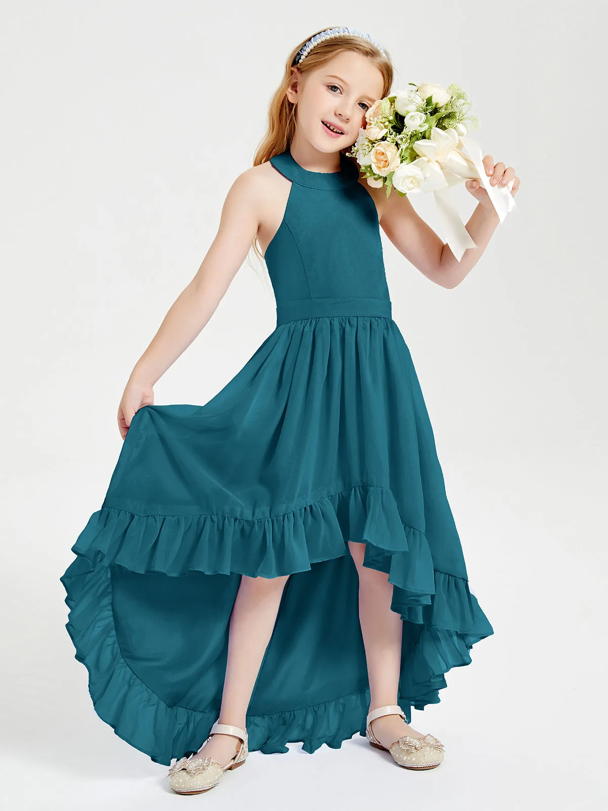 Boho Junior Bridesmaid Dresses Asymmetrical Cascading Skirt Ink Blue