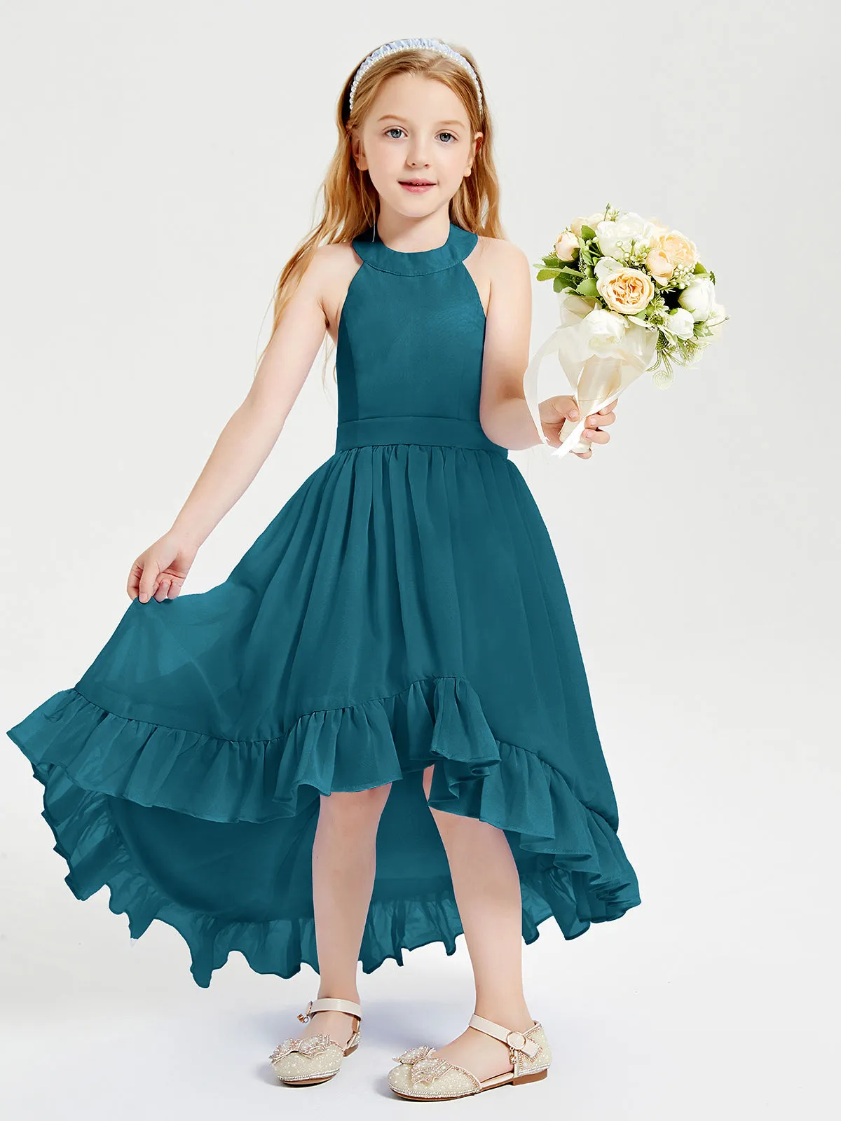 Boho Junior Bridesmaid Dresses Asymmetrical Cascading Skirt Ink Blue