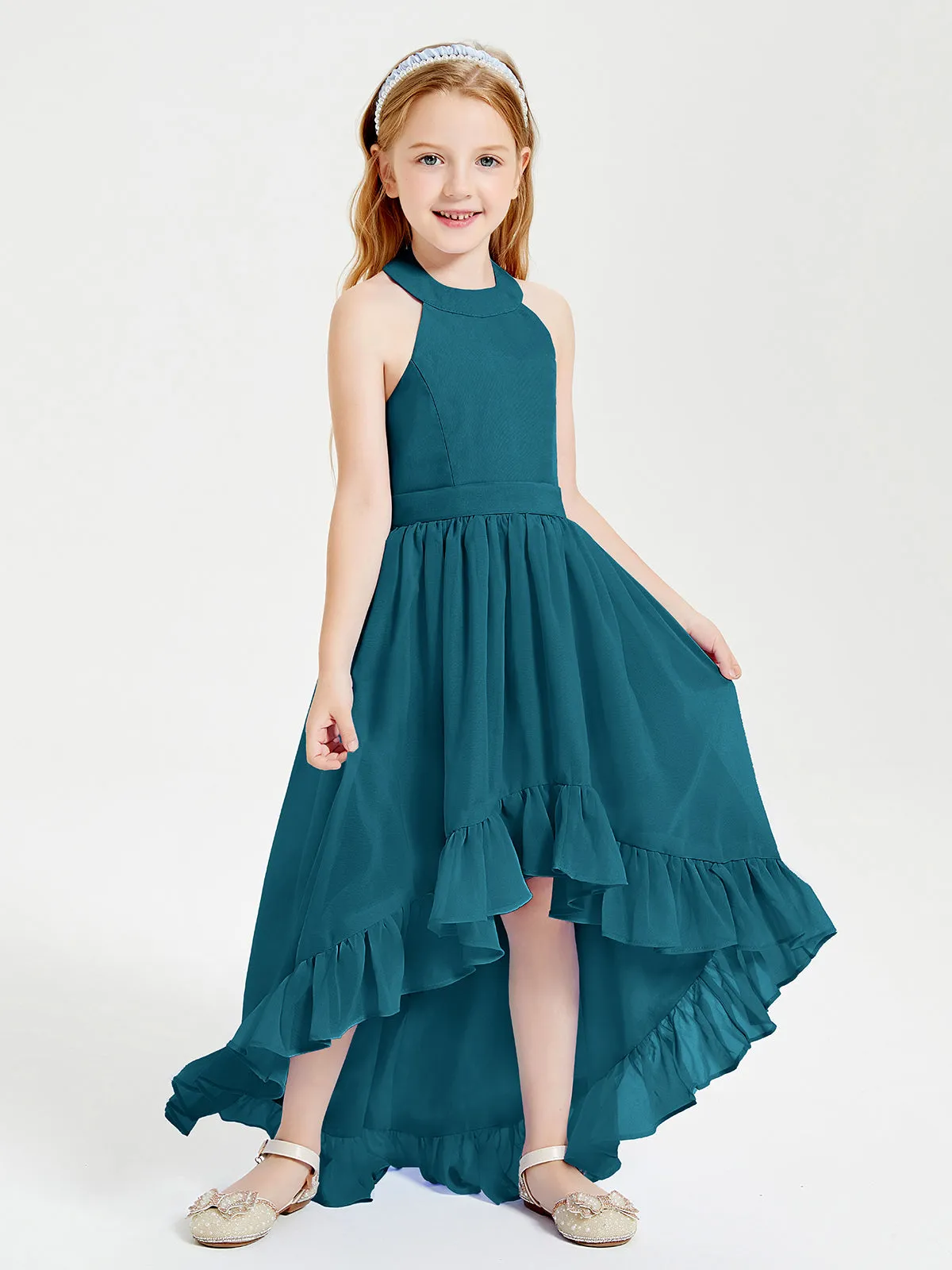 Boho Junior Bridesmaid Dresses Asymmetrical Cascading Skirt Ink Blue