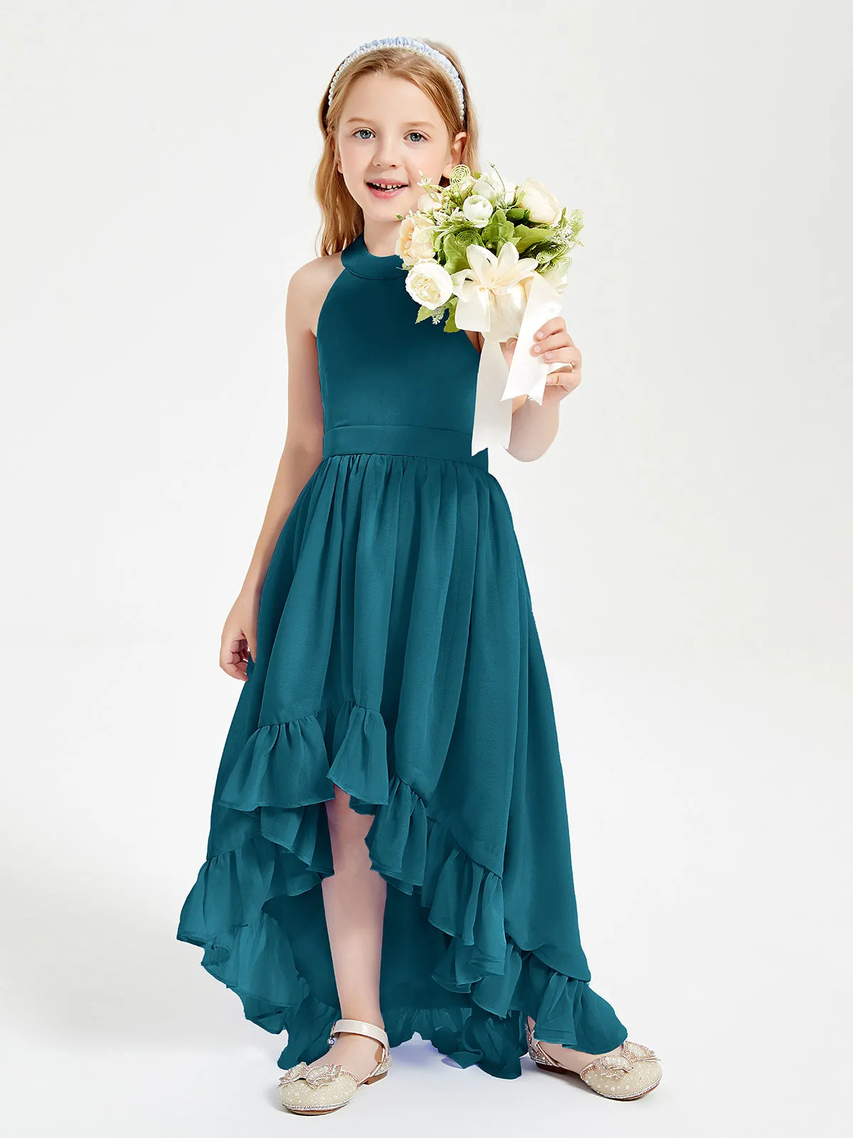 Boho Junior Bridesmaid Dresses Asymmetrical Cascading Skirt Ink Blue