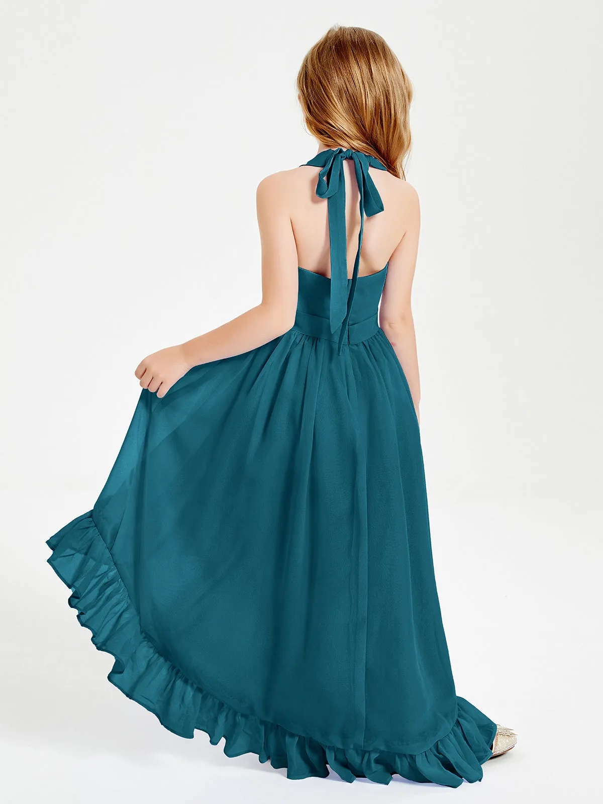 Boho Junior Bridesmaid Dresses Asymmetrical Cascading Skirt Ink Blue