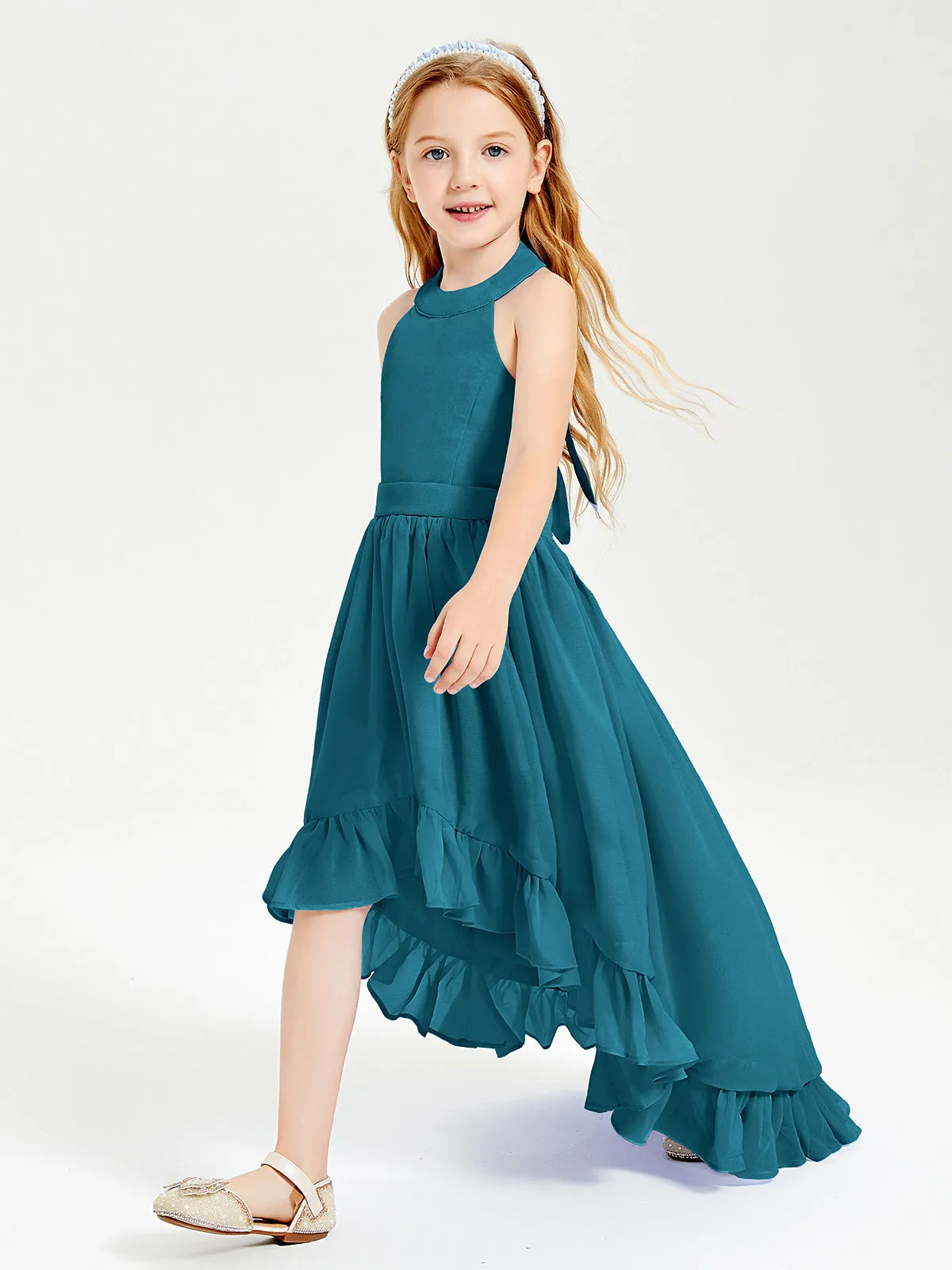 Boho Junior Bridesmaid Dresses Asymmetrical Cascading Skirt Ink Blue