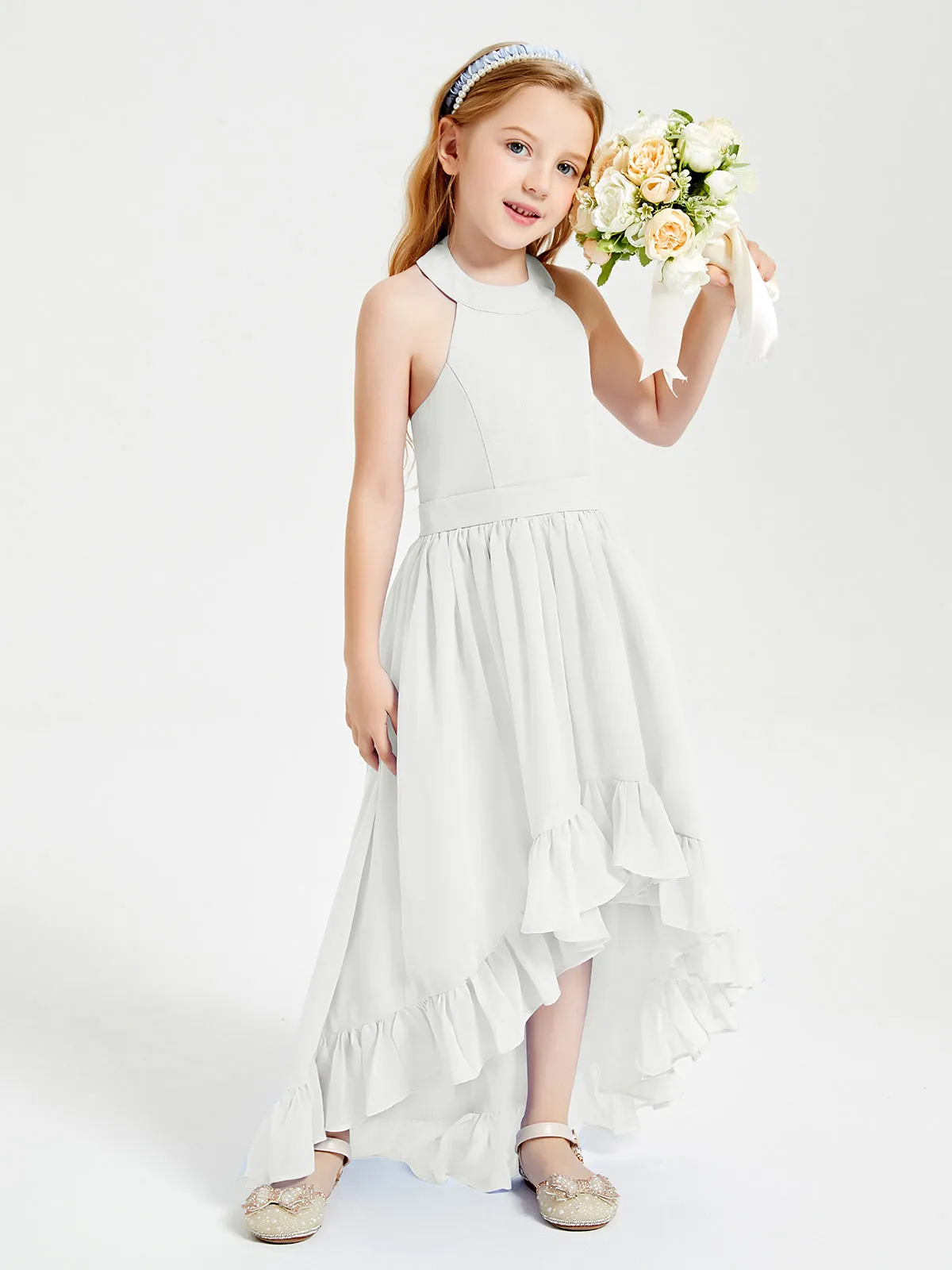 Boho Junior Bridesmaid Dresses Asymmetrical Cascading Skirt Ivory