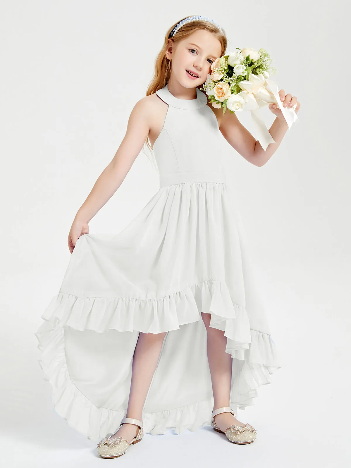 Boho Junior Bridesmaid Dresses Asymmetrical Cascading Skirt Ivory