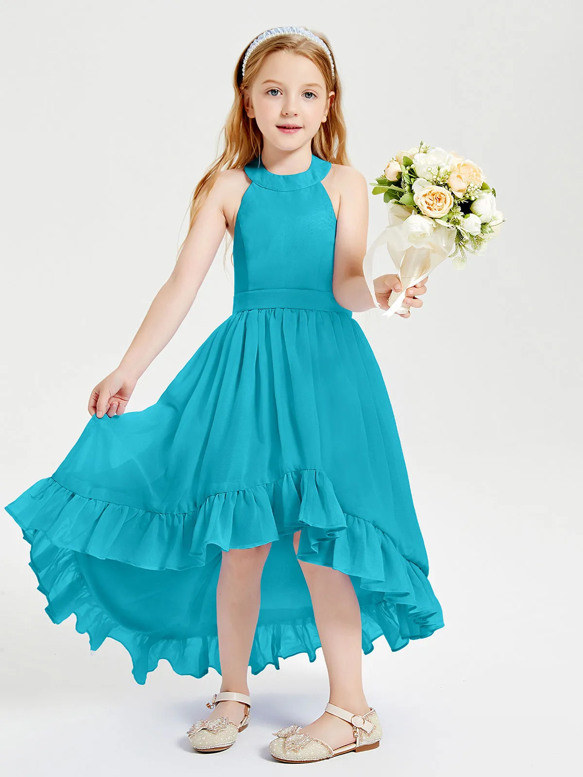 Boho Junior Bridesmaid Dresses Asymmetrical Cascading Skirt Jade