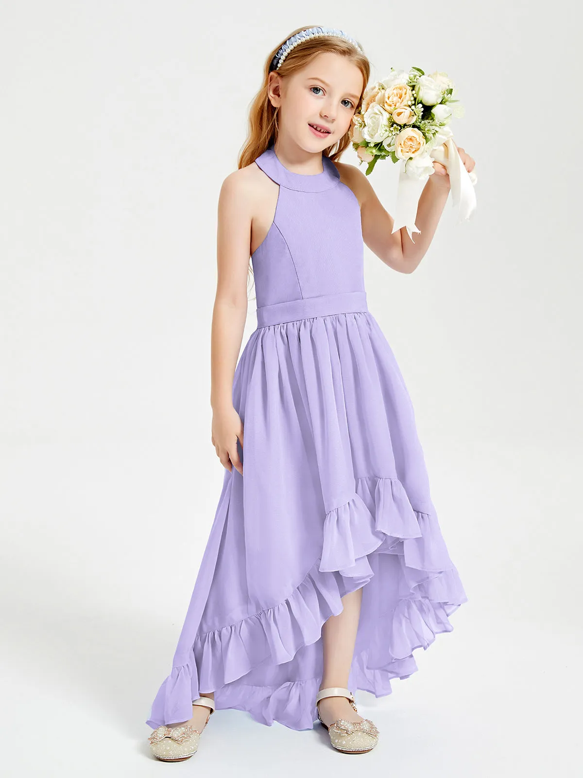 Boho Junior Bridesmaid Dresses Asymmetrical Cascading Skirt Lilac