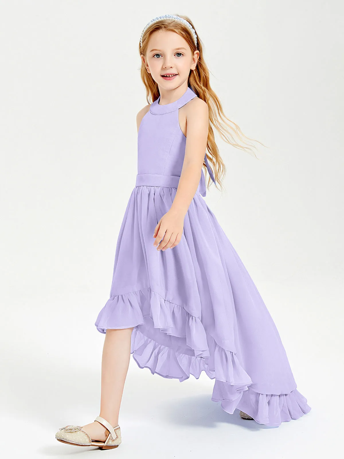 Boho Junior Bridesmaid Dresses Asymmetrical Cascading Skirt Lilac