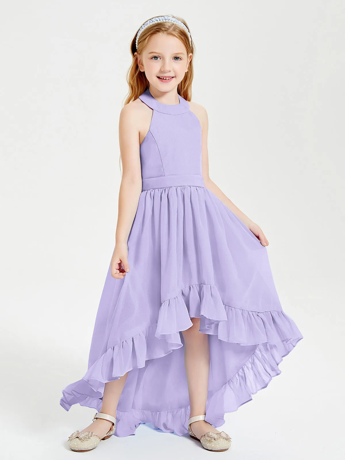 Boho Junior Bridesmaid Dresses Asymmetrical Cascading Skirt Lilac