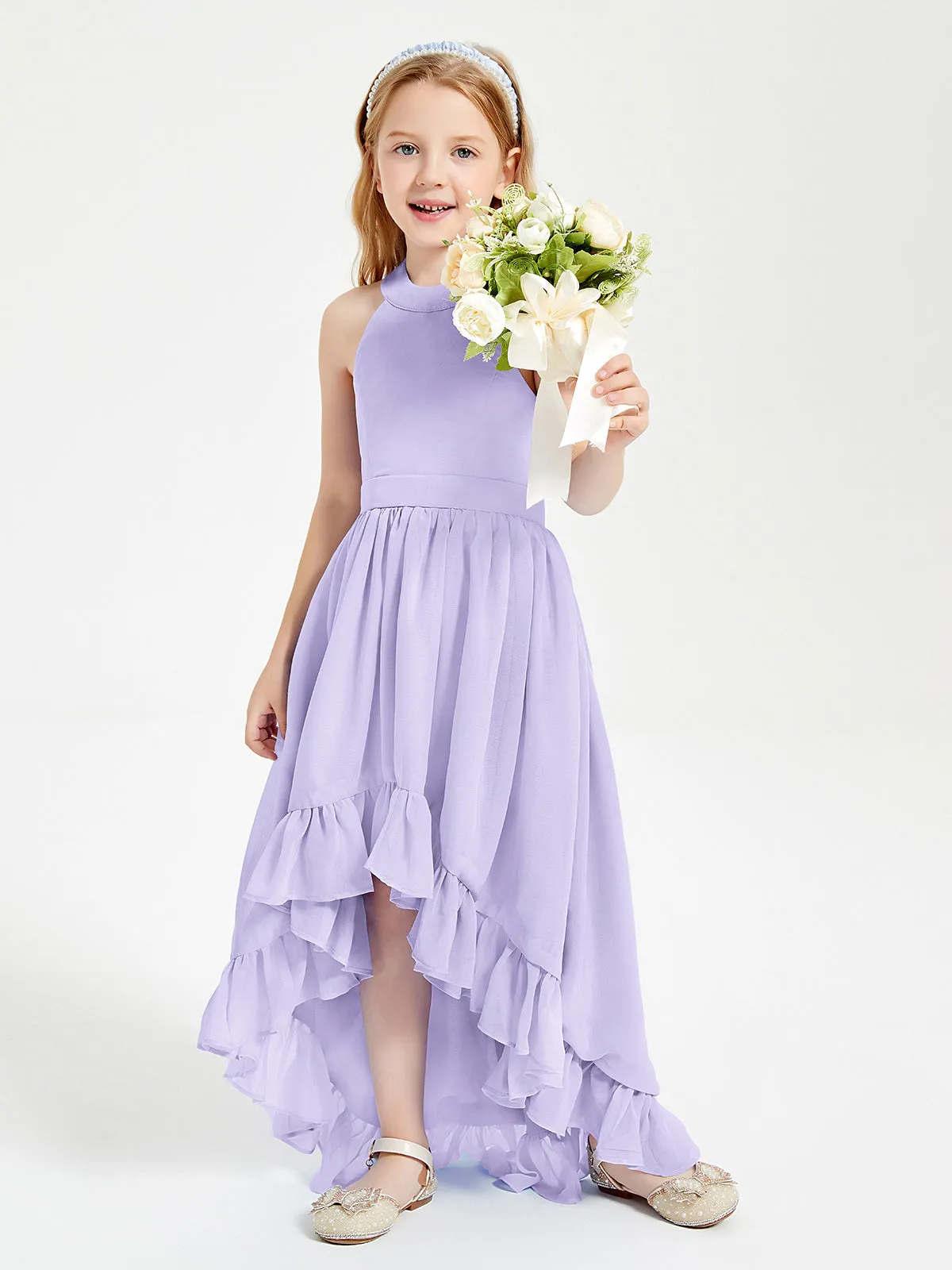 Boho Junior Bridesmaid Dresses Asymmetrical Cascading Skirt Lilac