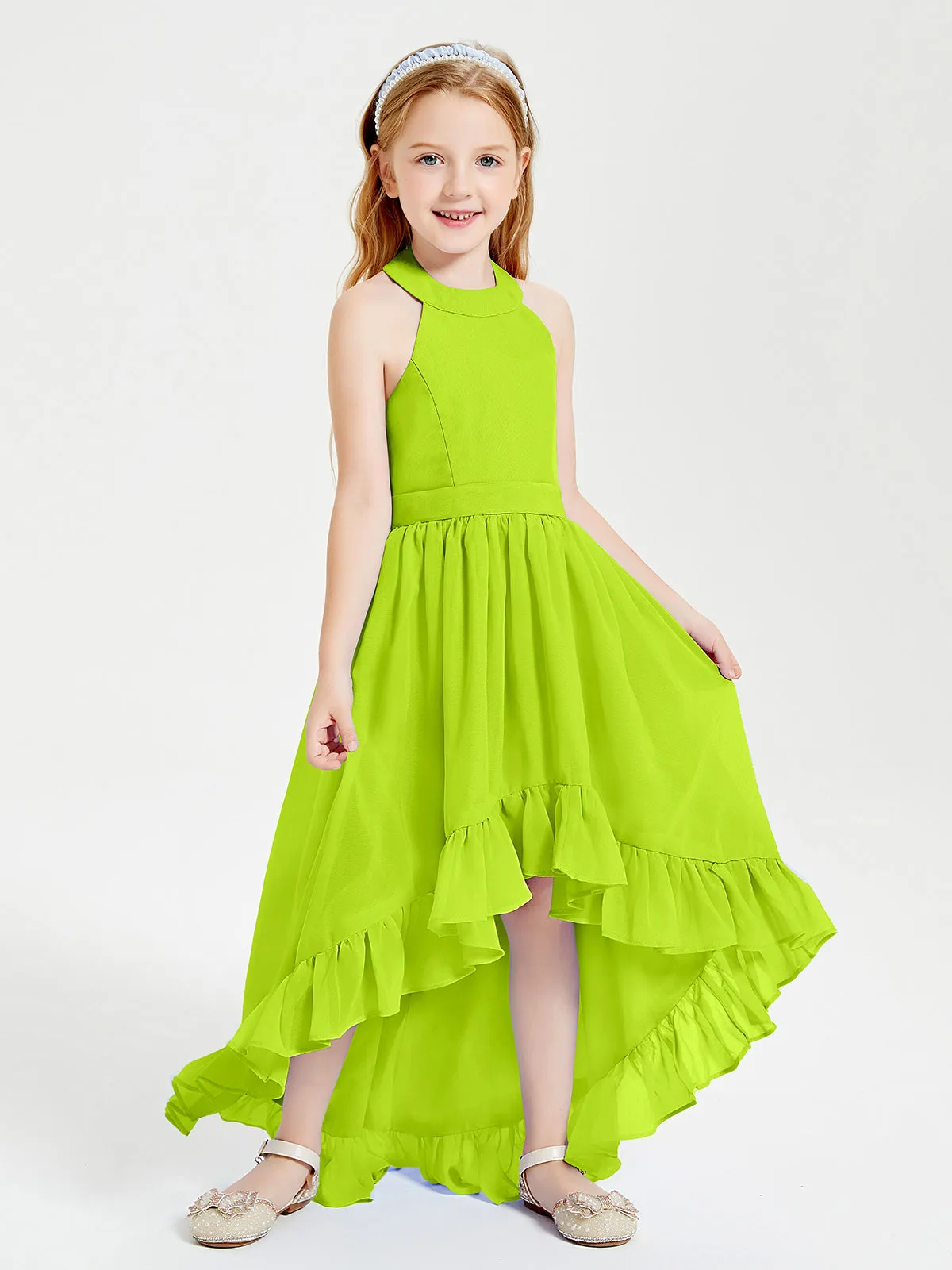 Boho Junior Bridesmaid Dresses Asymmetrical Cascading Skirt Lime Green