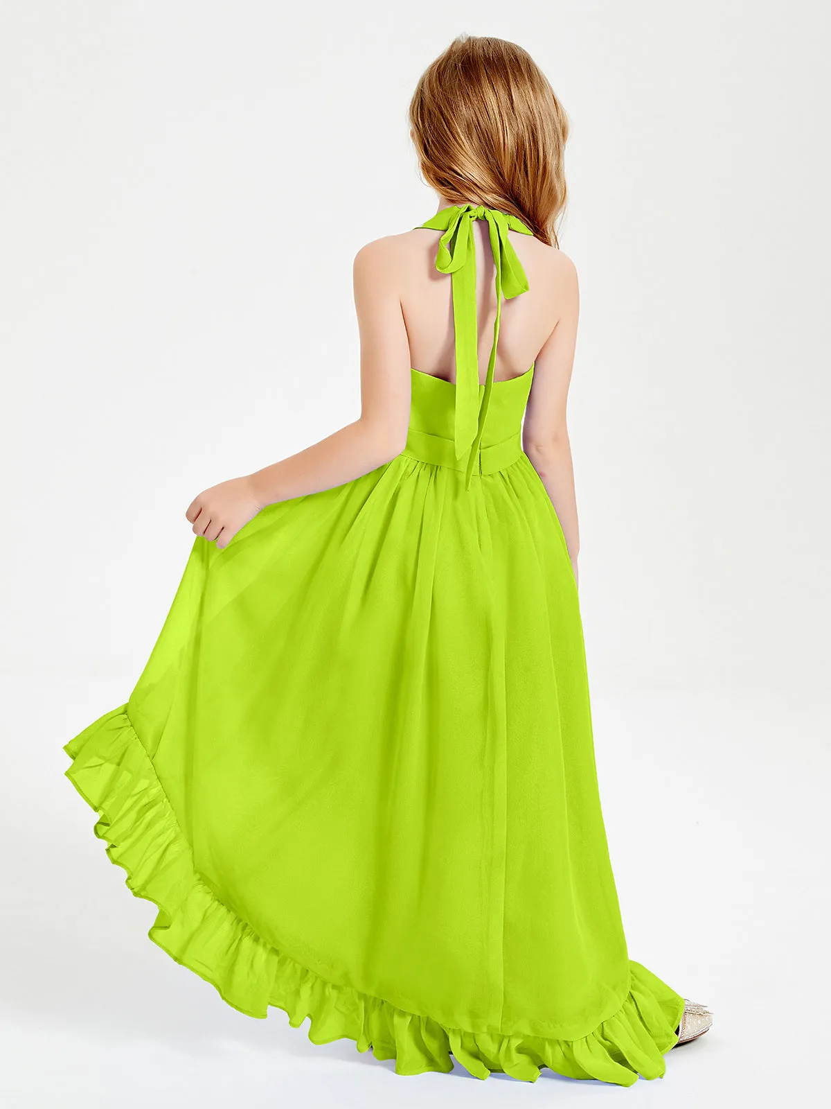 Boho Junior Bridesmaid Dresses Asymmetrical Cascading Skirt Lime Green