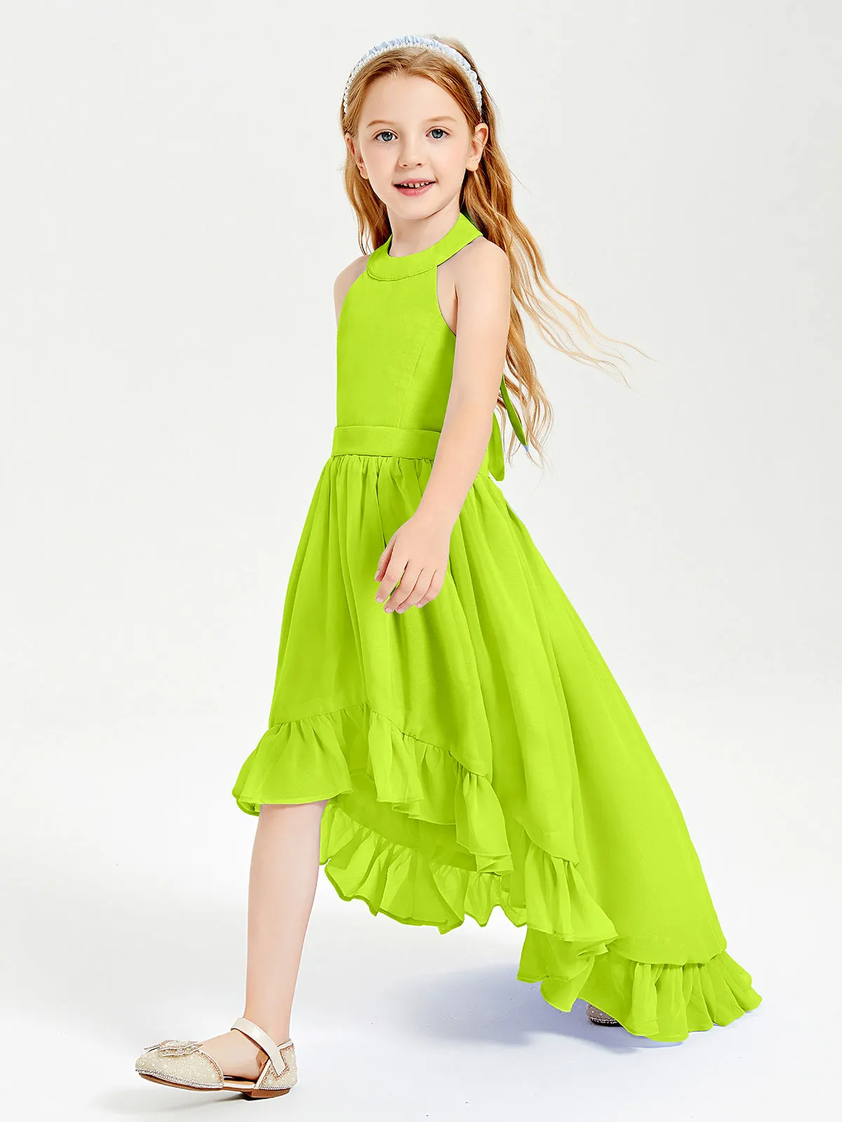 Boho Junior Bridesmaid Dresses Asymmetrical Cascading Skirt Lime Green