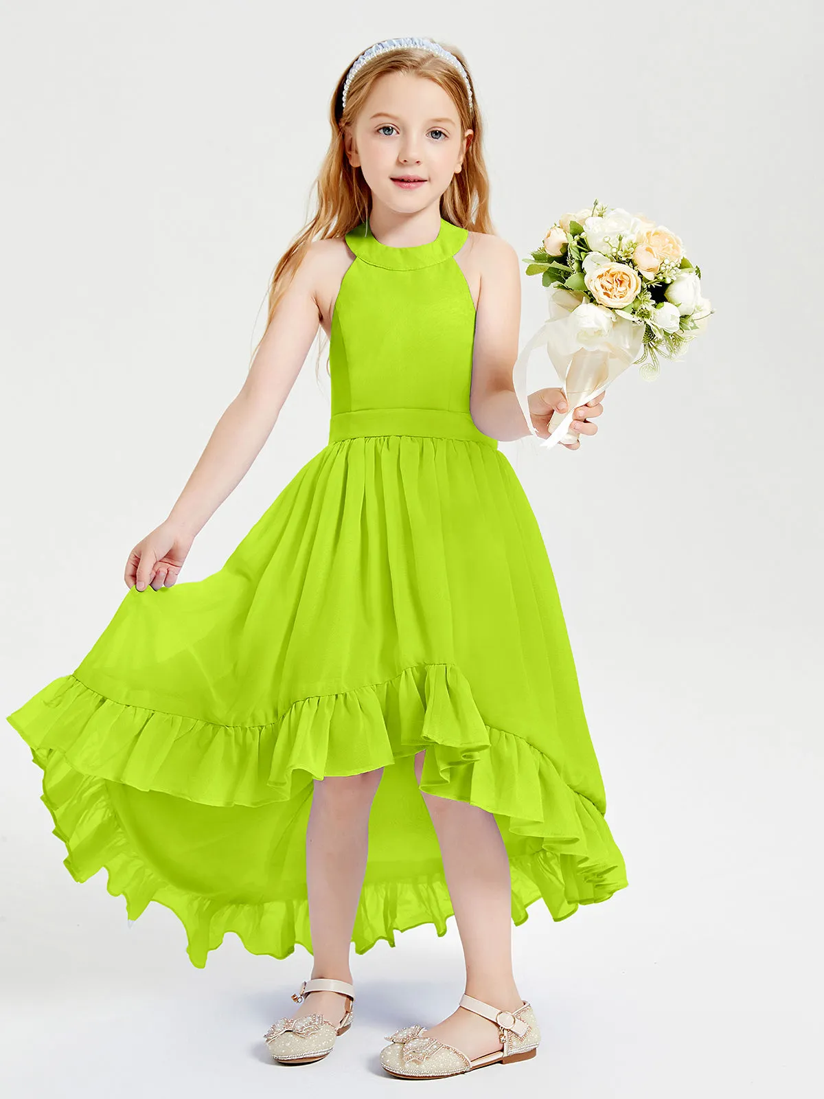 Boho Junior Bridesmaid Dresses Asymmetrical Cascading Skirt Lime Green