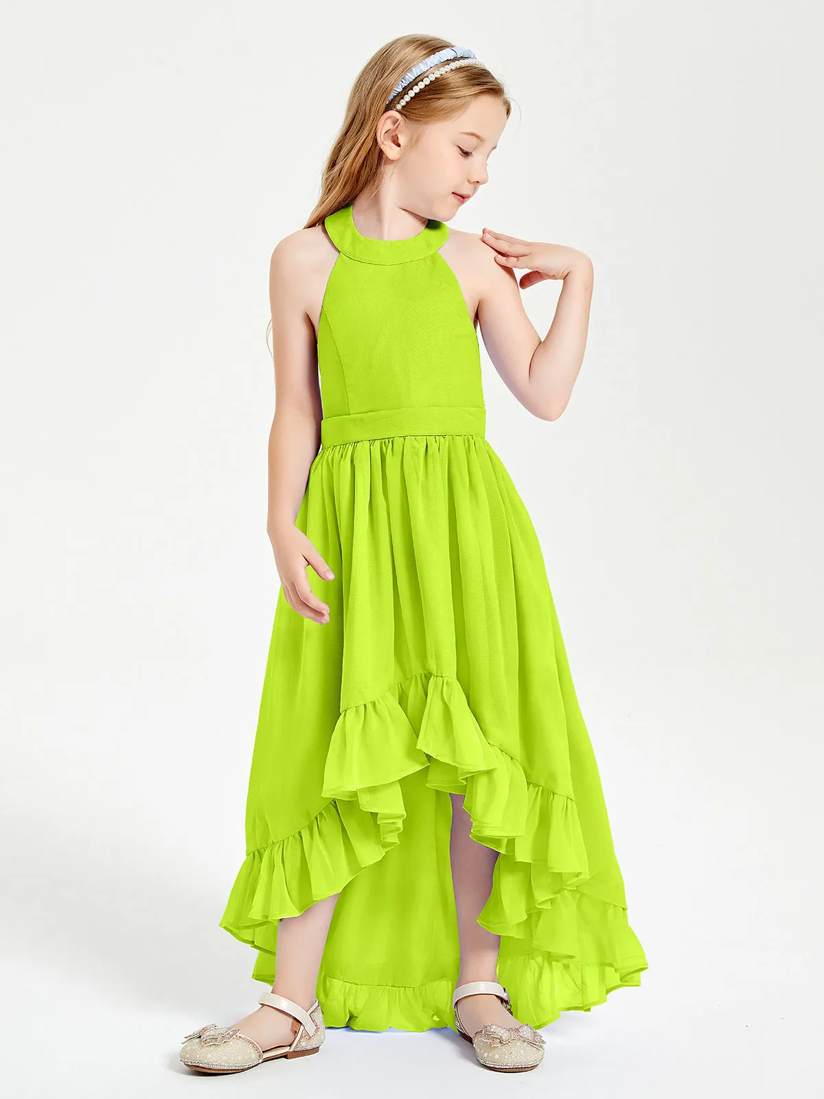 Boho Junior Bridesmaid Dresses Asymmetrical Cascading Skirt Lime Green