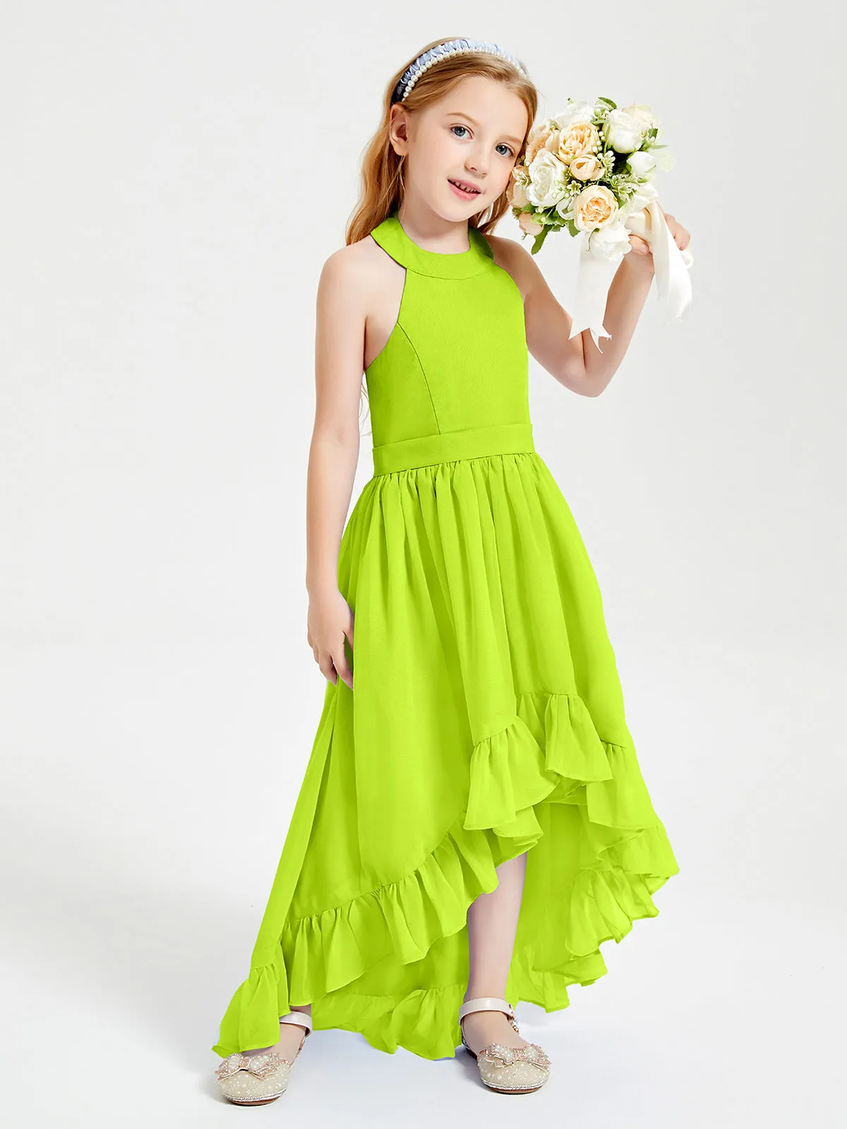 Boho Junior Bridesmaid Dresses Asymmetrical Cascading Skirt Lime Green