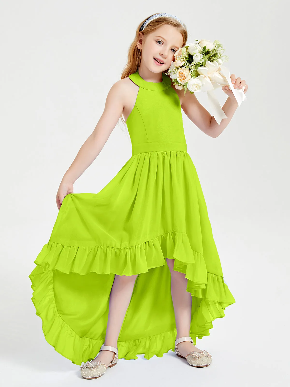 Boho Junior Bridesmaid Dresses Asymmetrical Cascading Skirt Lime Green