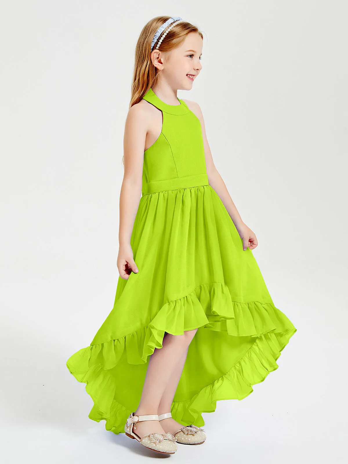 Boho Junior Bridesmaid Dresses Asymmetrical Cascading Skirt Lime Green