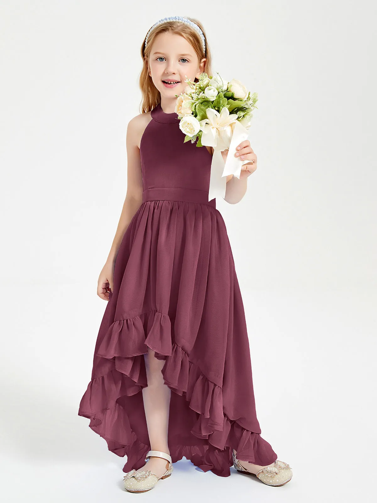 Boho Junior Bridesmaid Dresses Asymmetrical Cascading Skirt Mulberry