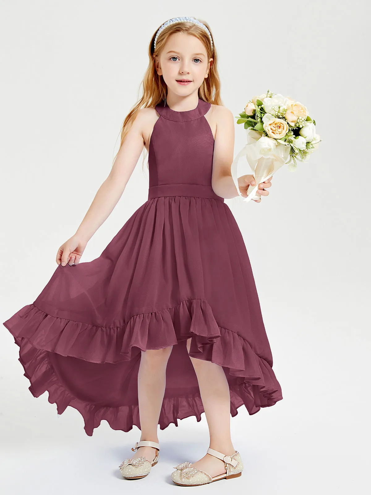 Boho Junior Bridesmaid Dresses Asymmetrical Cascading Skirt Mulberry