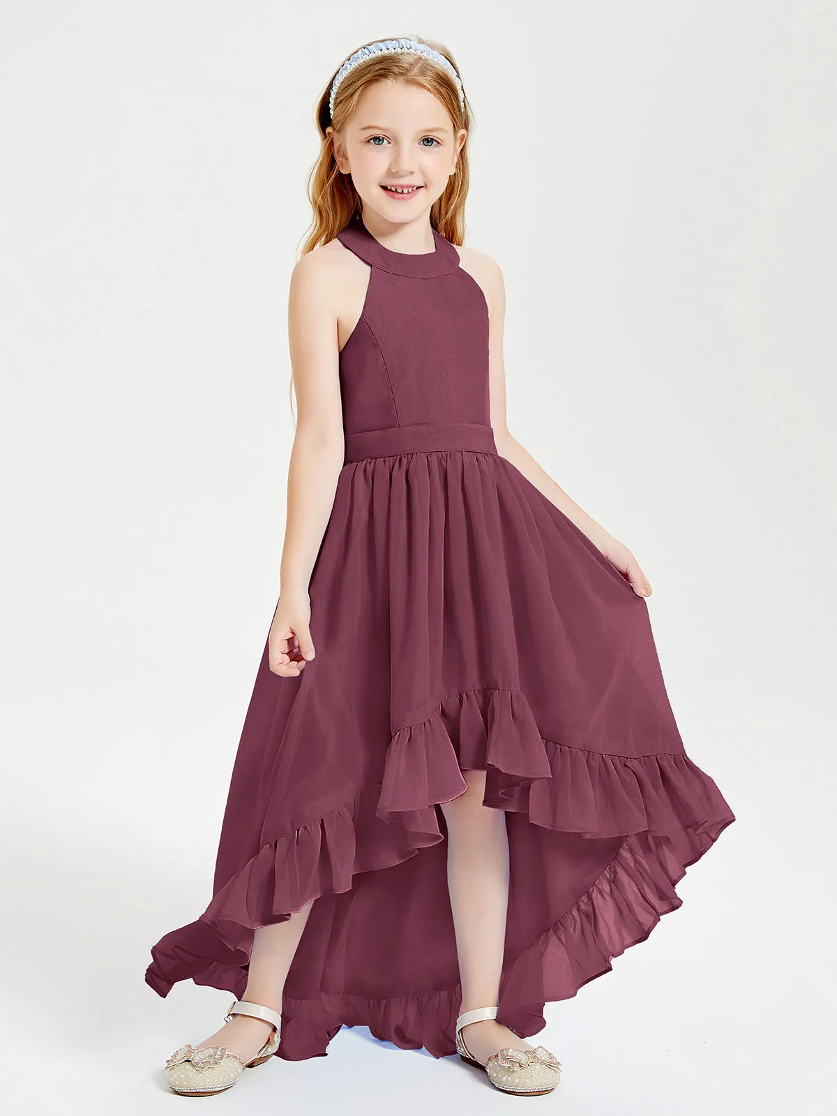 Boho Junior Bridesmaid Dresses Asymmetrical Cascading Skirt Mulberry