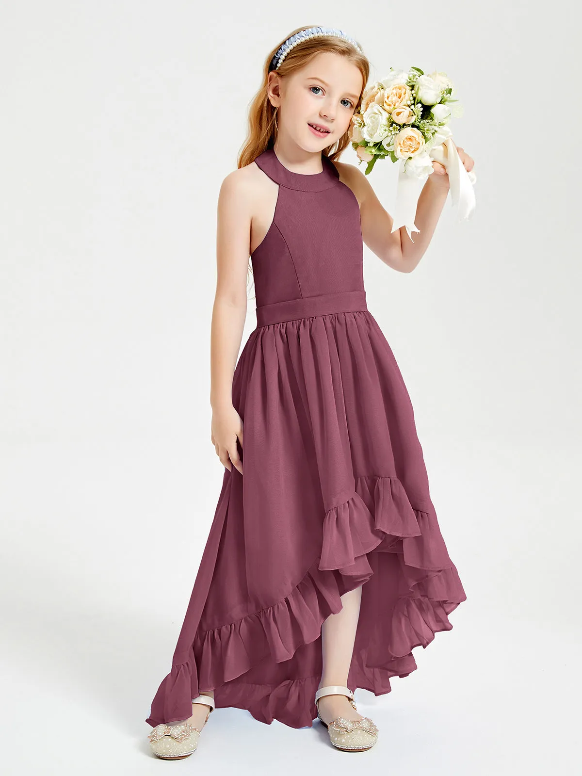 Boho Junior Bridesmaid Dresses Asymmetrical Cascading Skirt Mulberry