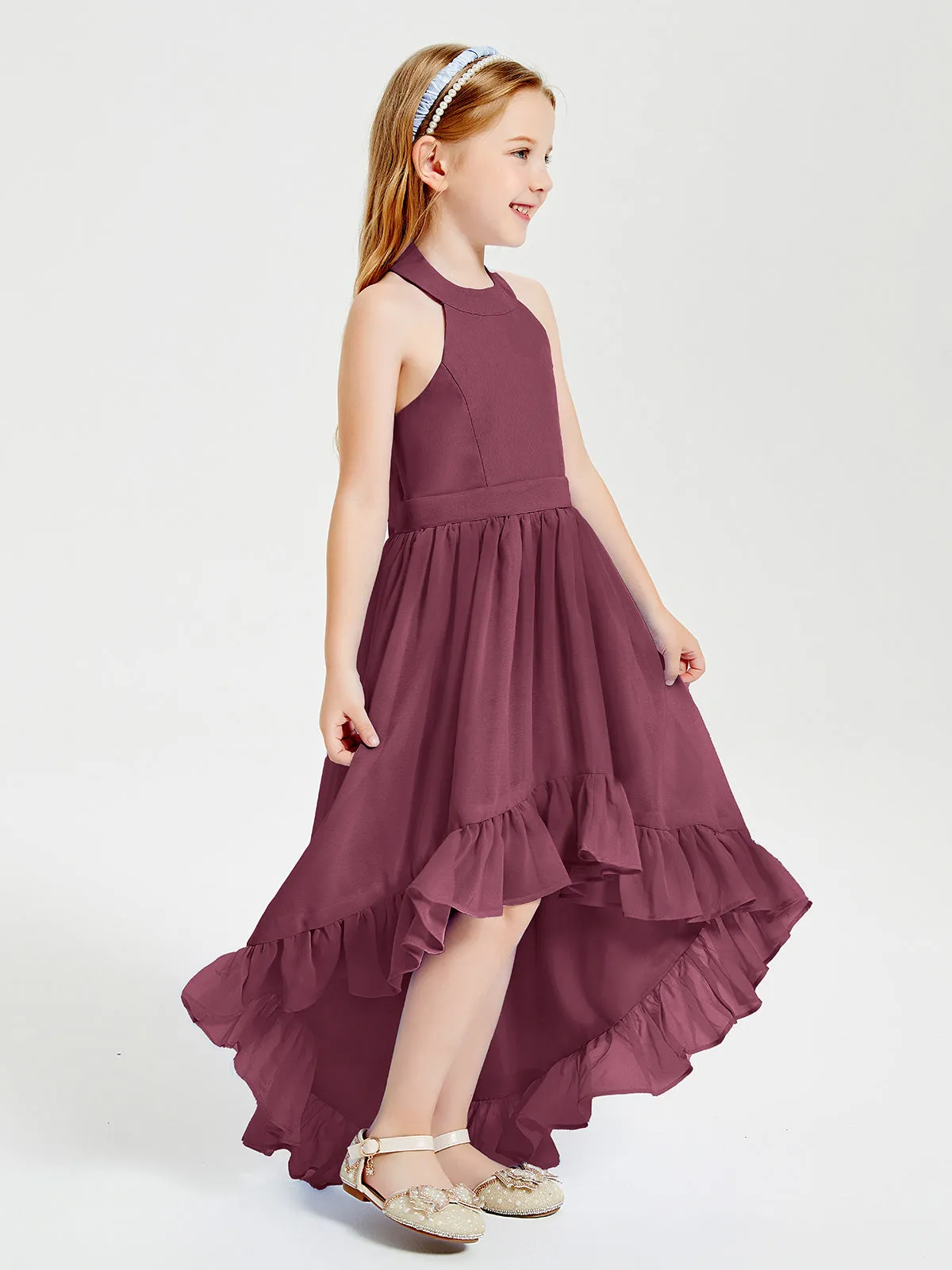 Boho Junior Bridesmaid Dresses Asymmetrical Cascading Skirt Mulberry