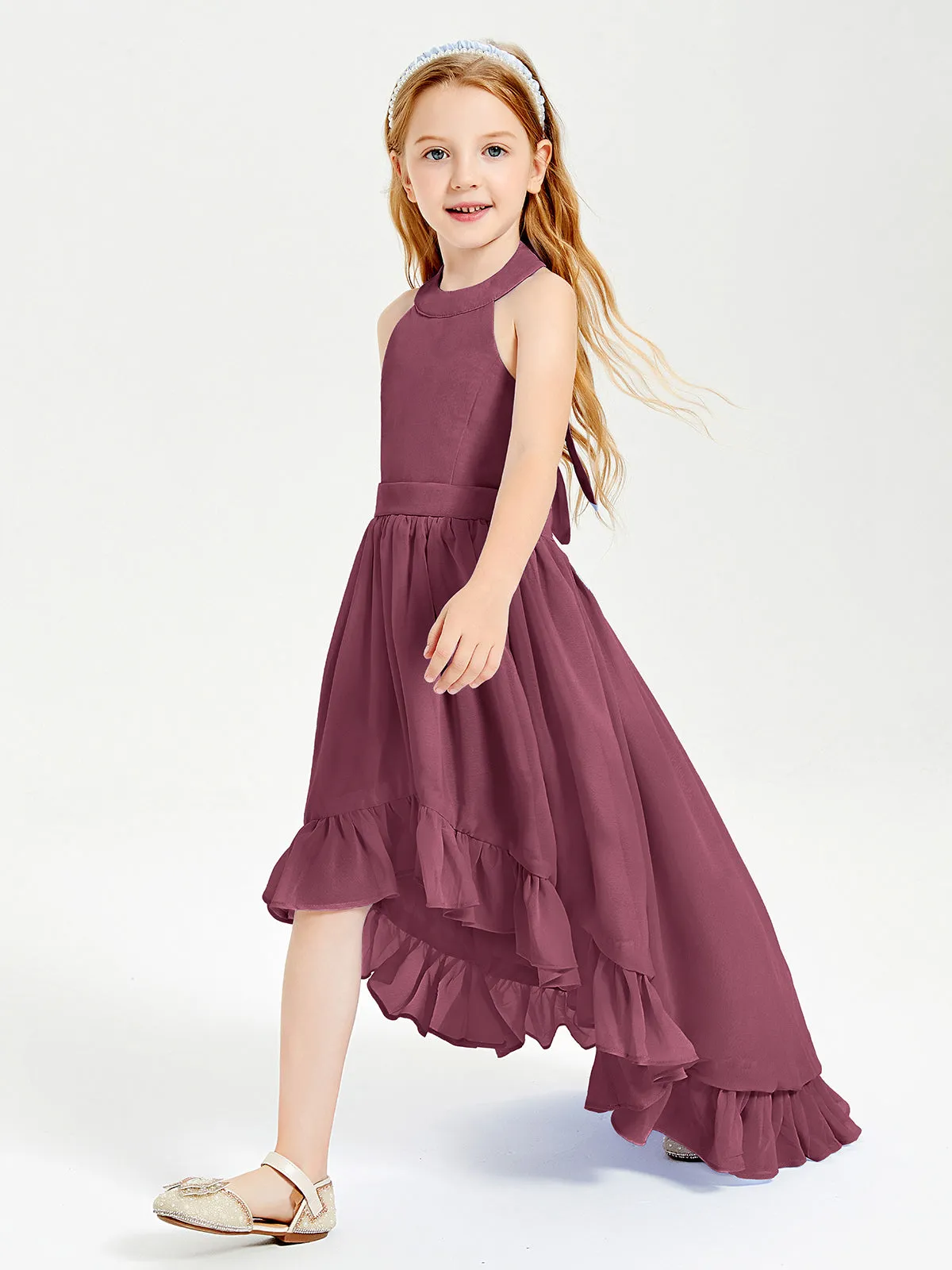 Boho Junior Bridesmaid Dresses Asymmetrical Cascading Skirt Mulberry