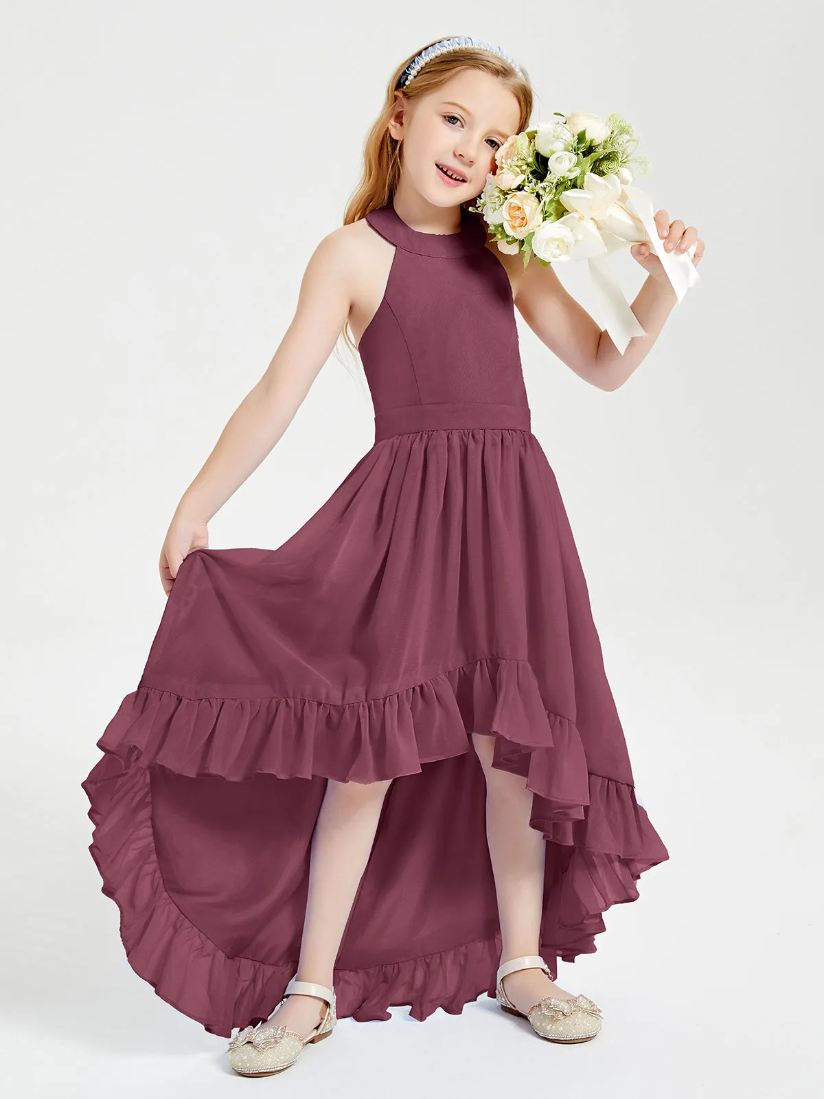 Boho Junior Bridesmaid Dresses Asymmetrical Cascading Skirt Mulberry