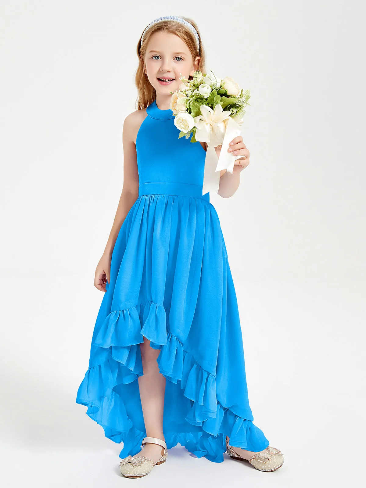 Boho Junior Bridesmaid Dresses Asymmetrical Cascading Skirt Ocean Blue