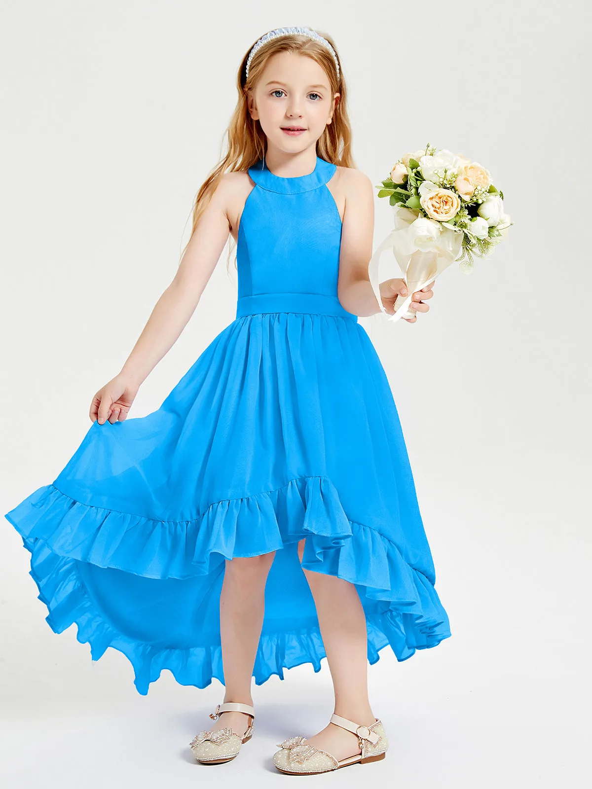 Boho Junior Bridesmaid Dresses Asymmetrical Cascading Skirt Ocean Blue