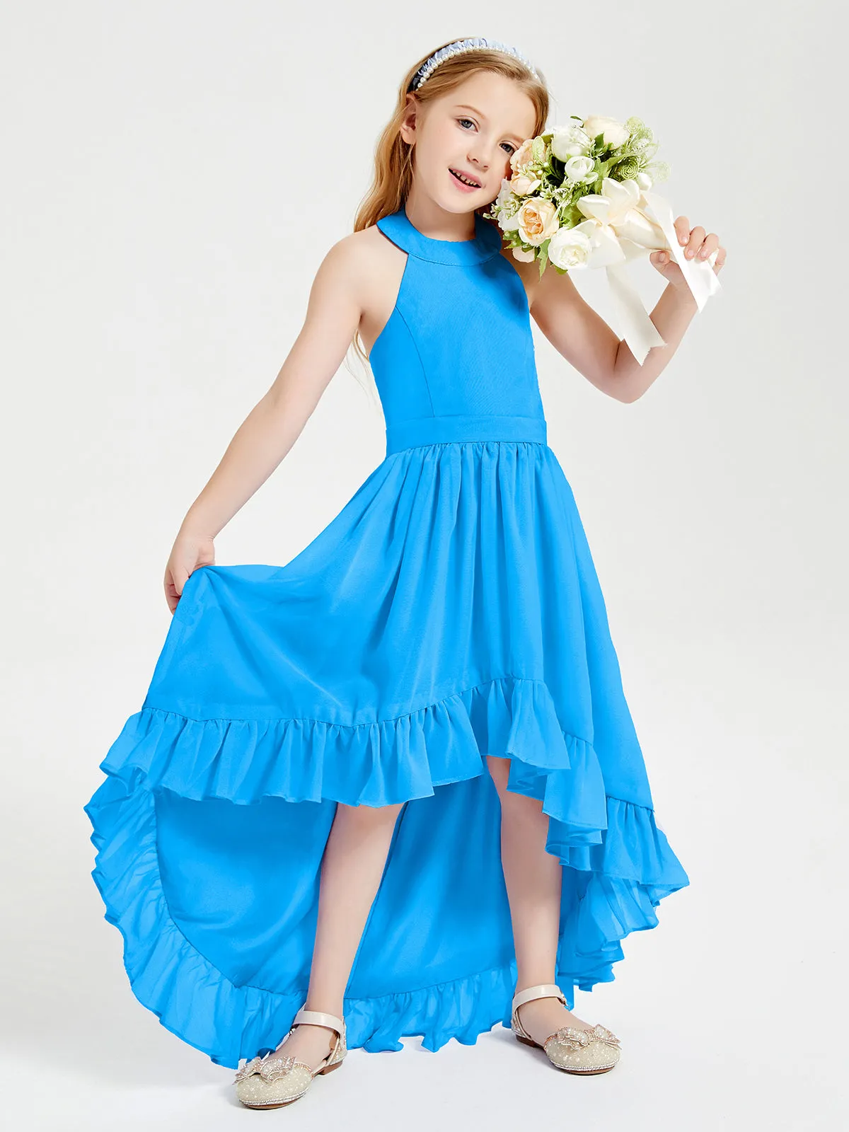 Boho Junior Bridesmaid Dresses Asymmetrical Cascading Skirt Ocean Blue