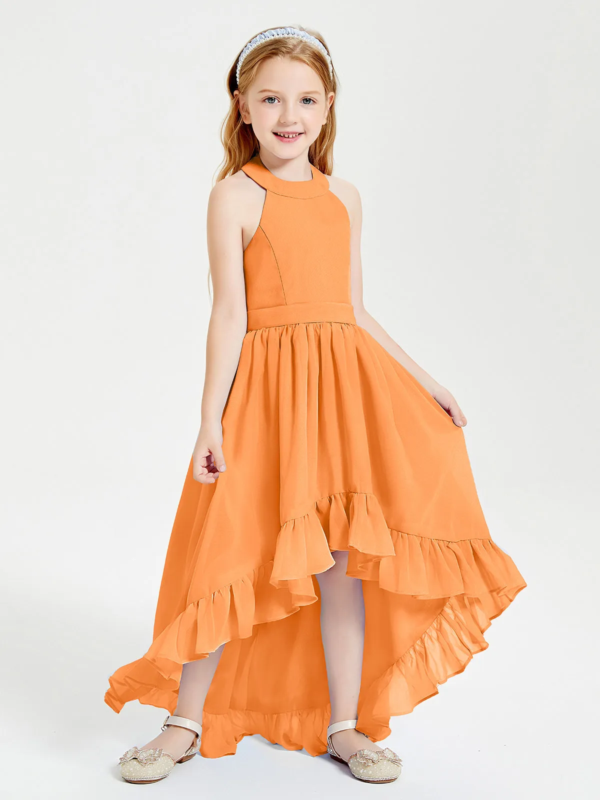 Boho Junior Bridesmaid Dresses Asymmetrical Cascading Skirt Orange