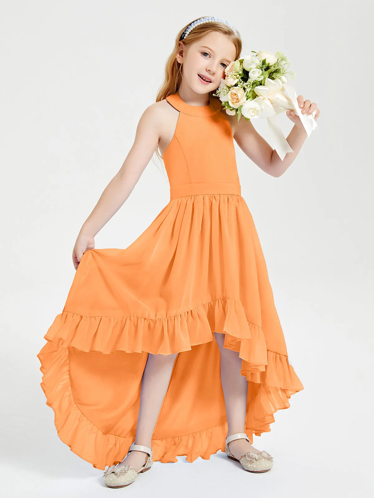 Boho Junior Bridesmaid Dresses Asymmetrical Cascading Skirt Orange