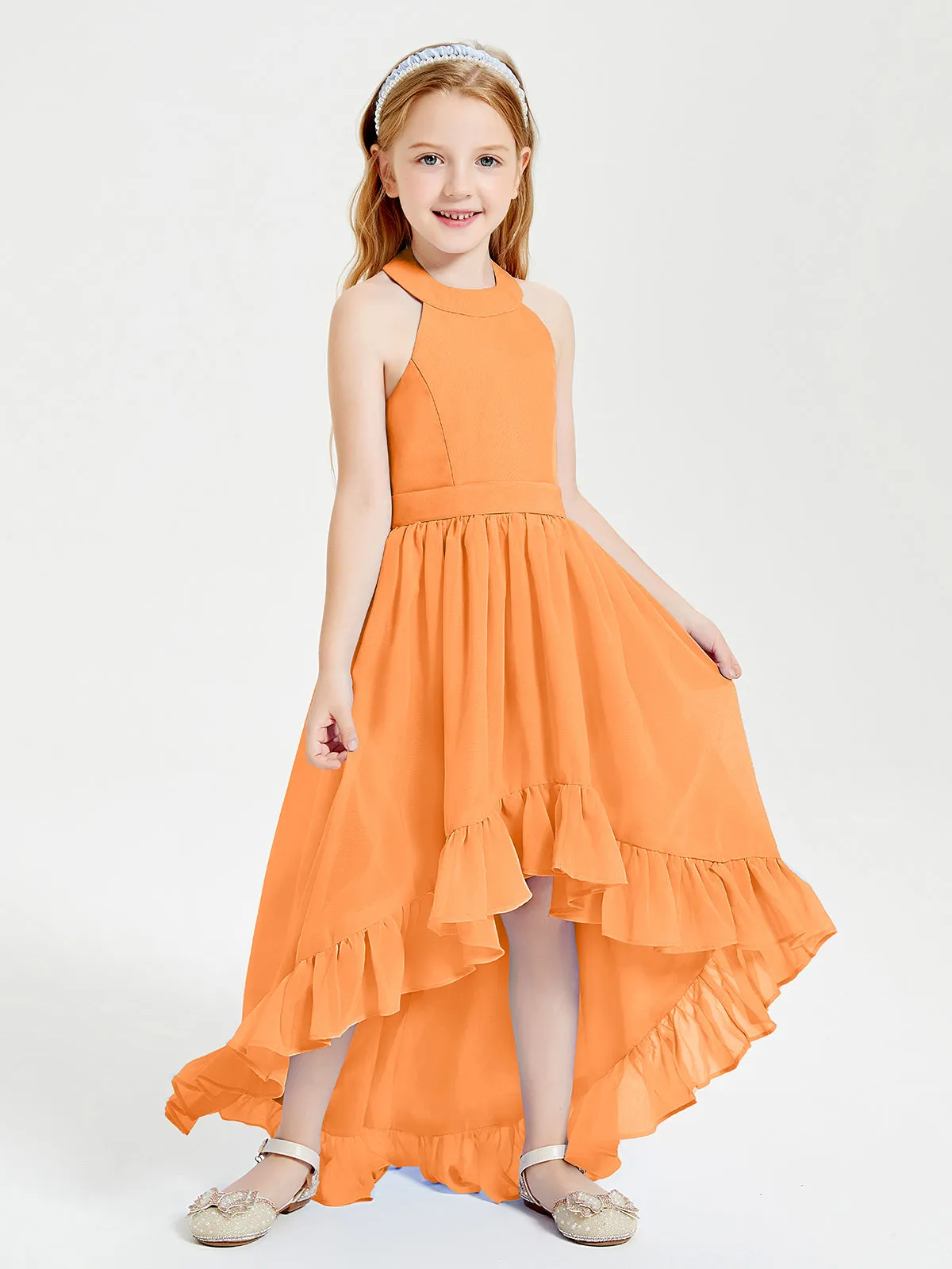 Boho Junior Bridesmaid Dresses Asymmetrical Cascading Skirt Orange