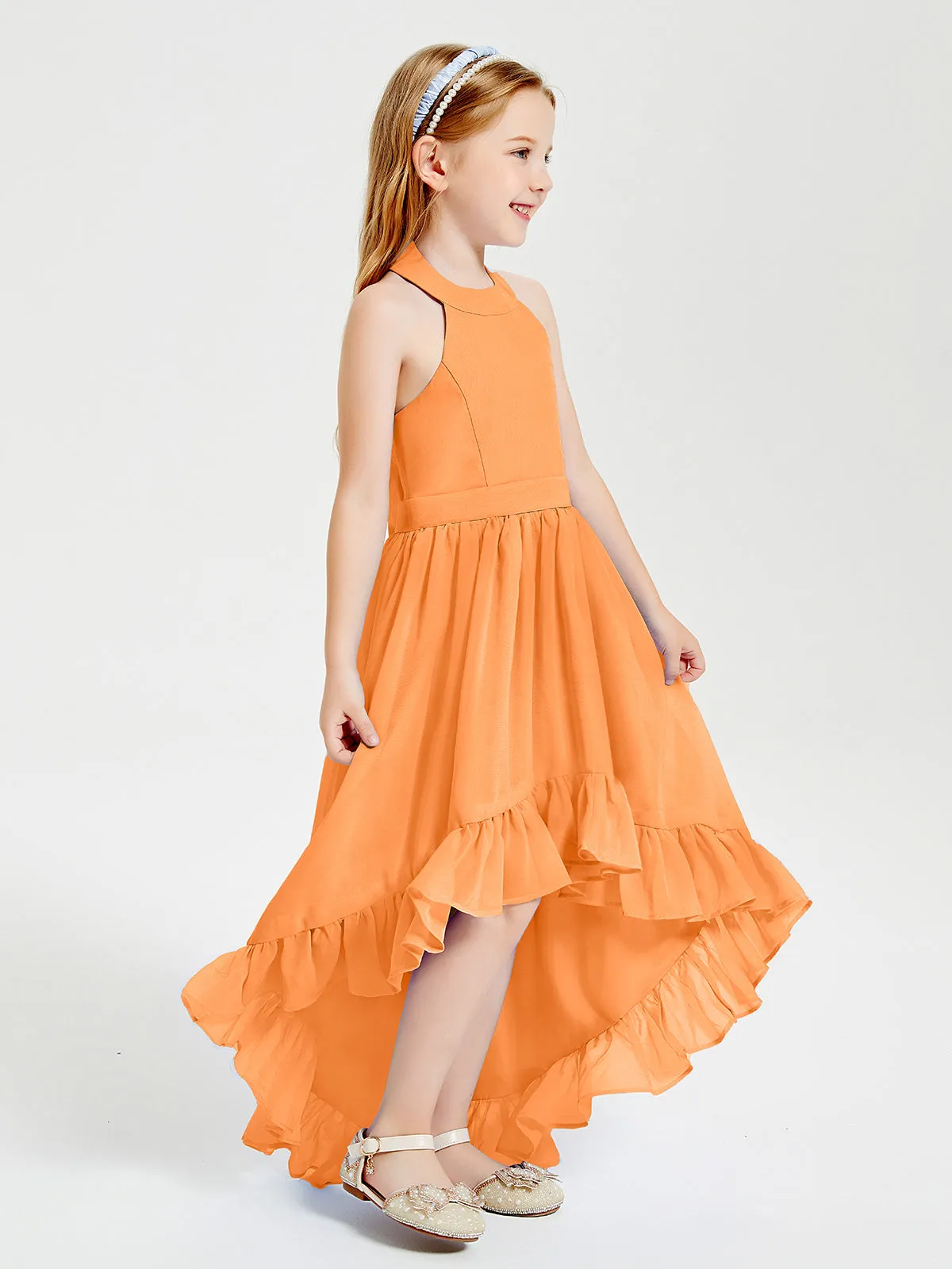 Boho Junior Bridesmaid Dresses Asymmetrical Cascading Skirt Orange