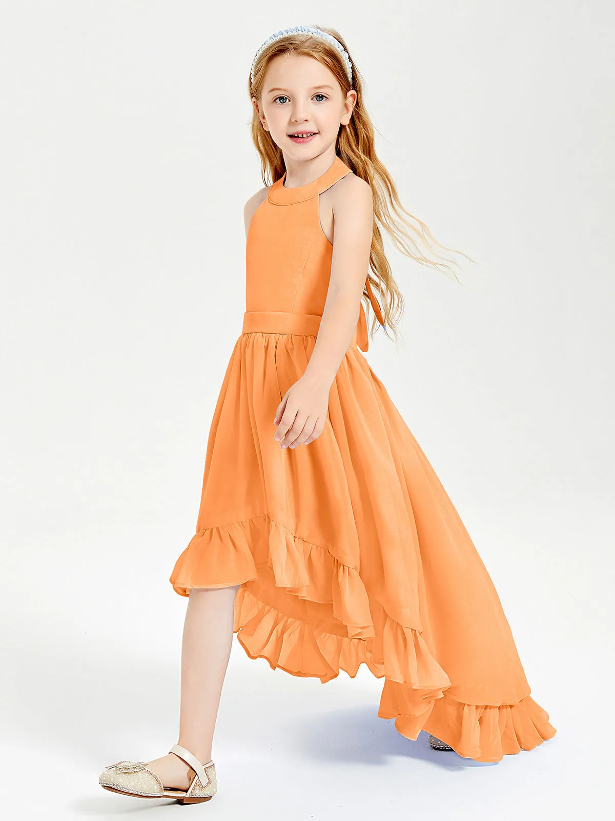 Boho Junior Bridesmaid Dresses Asymmetrical Cascading Skirt Orange