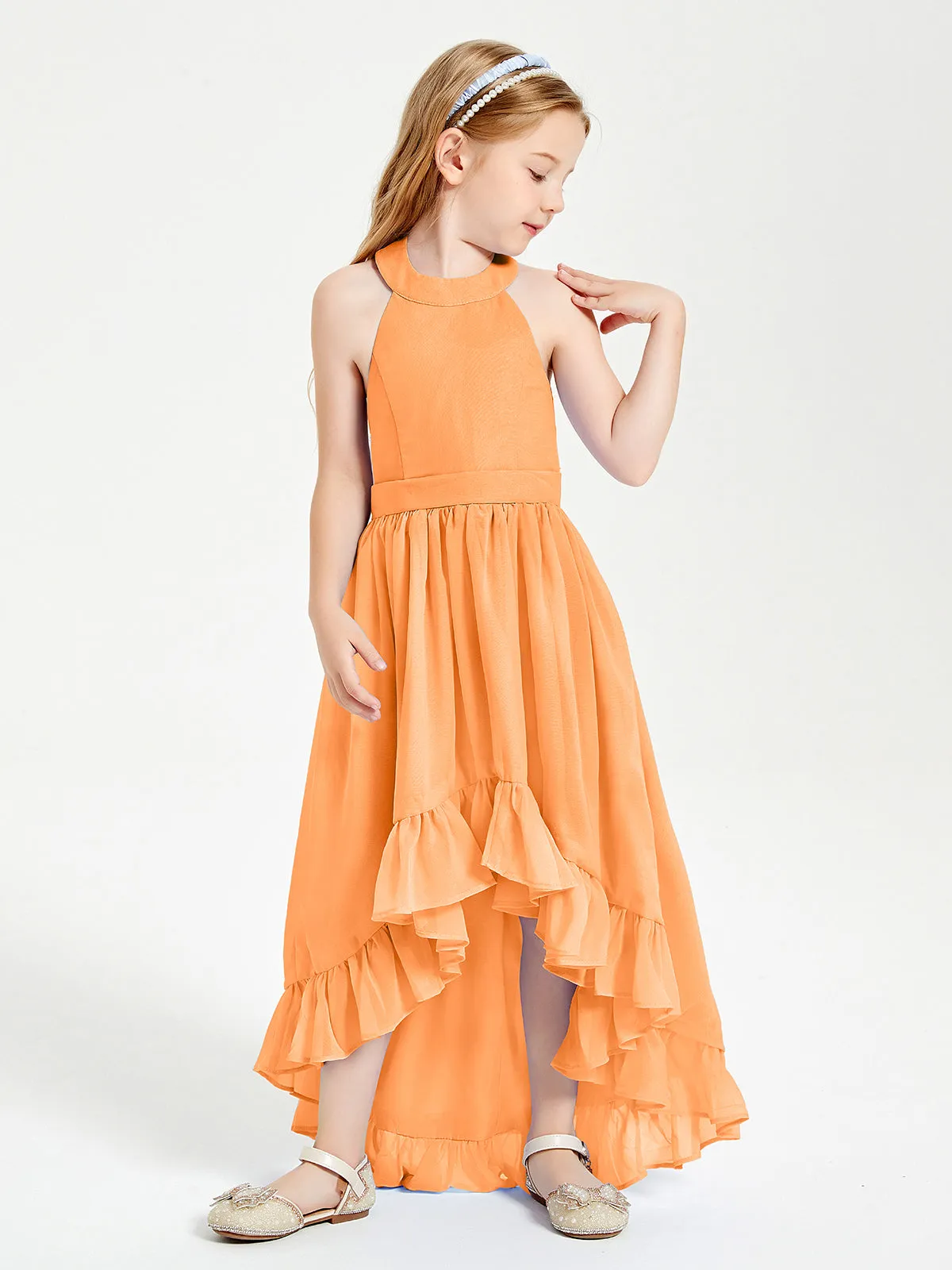 Boho Junior Bridesmaid Dresses Asymmetrical Cascading Skirt Orange