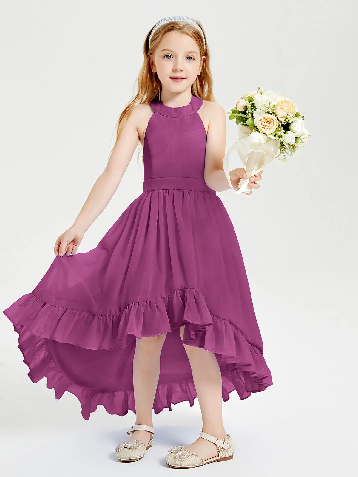 Boho Junior Bridesmaid Dresses Asymmetrical Cascading Skirt Orchid