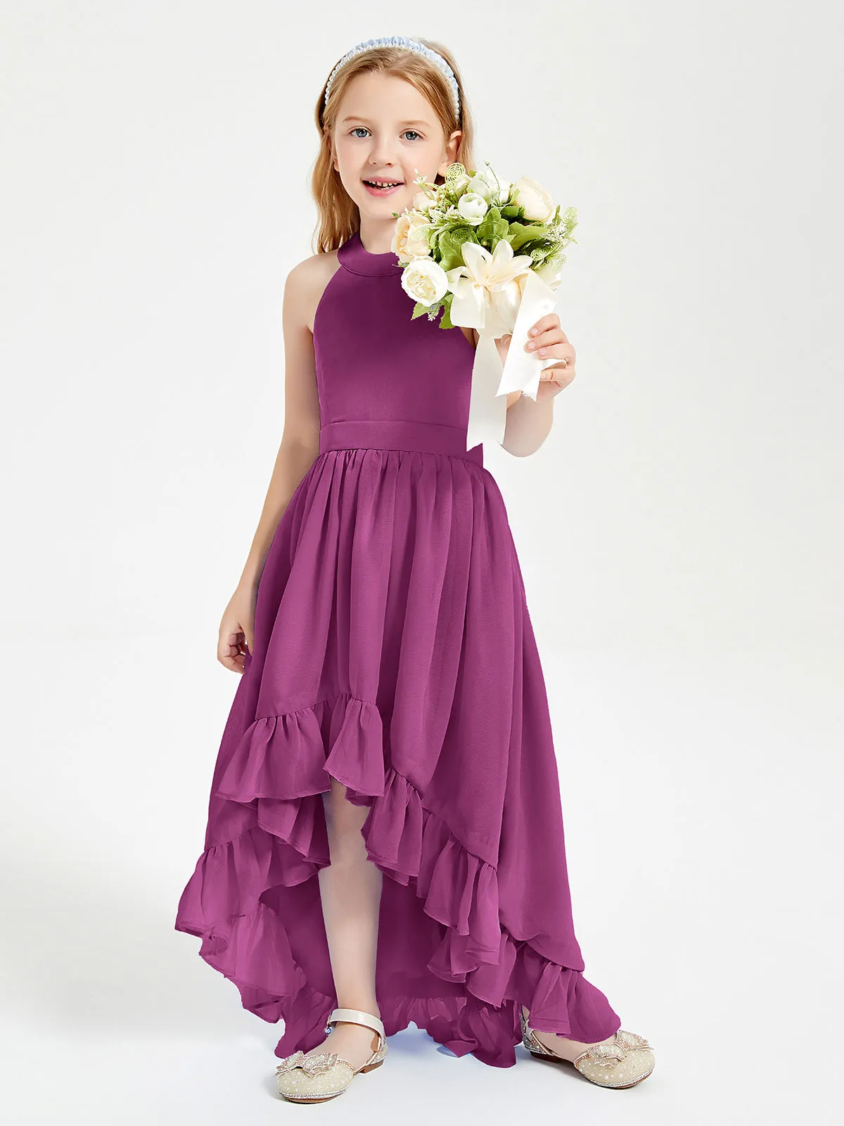 Boho Junior Bridesmaid Dresses Asymmetrical Cascading Skirt Orchid