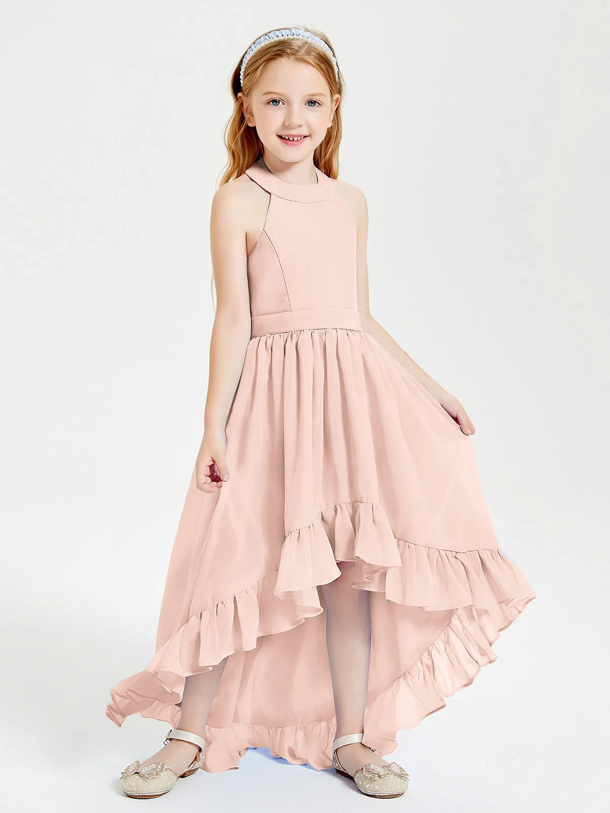 Boho Junior Bridesmaid Dresses Asymmetrical Cascading Skirt Pearl Pink