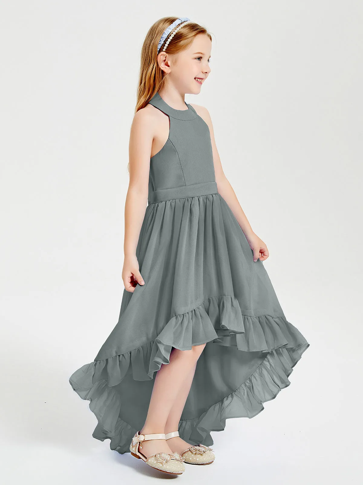 Boho Junior Bridesmaid Dresses Asymmetrical Cascading Skirt Steel Grey