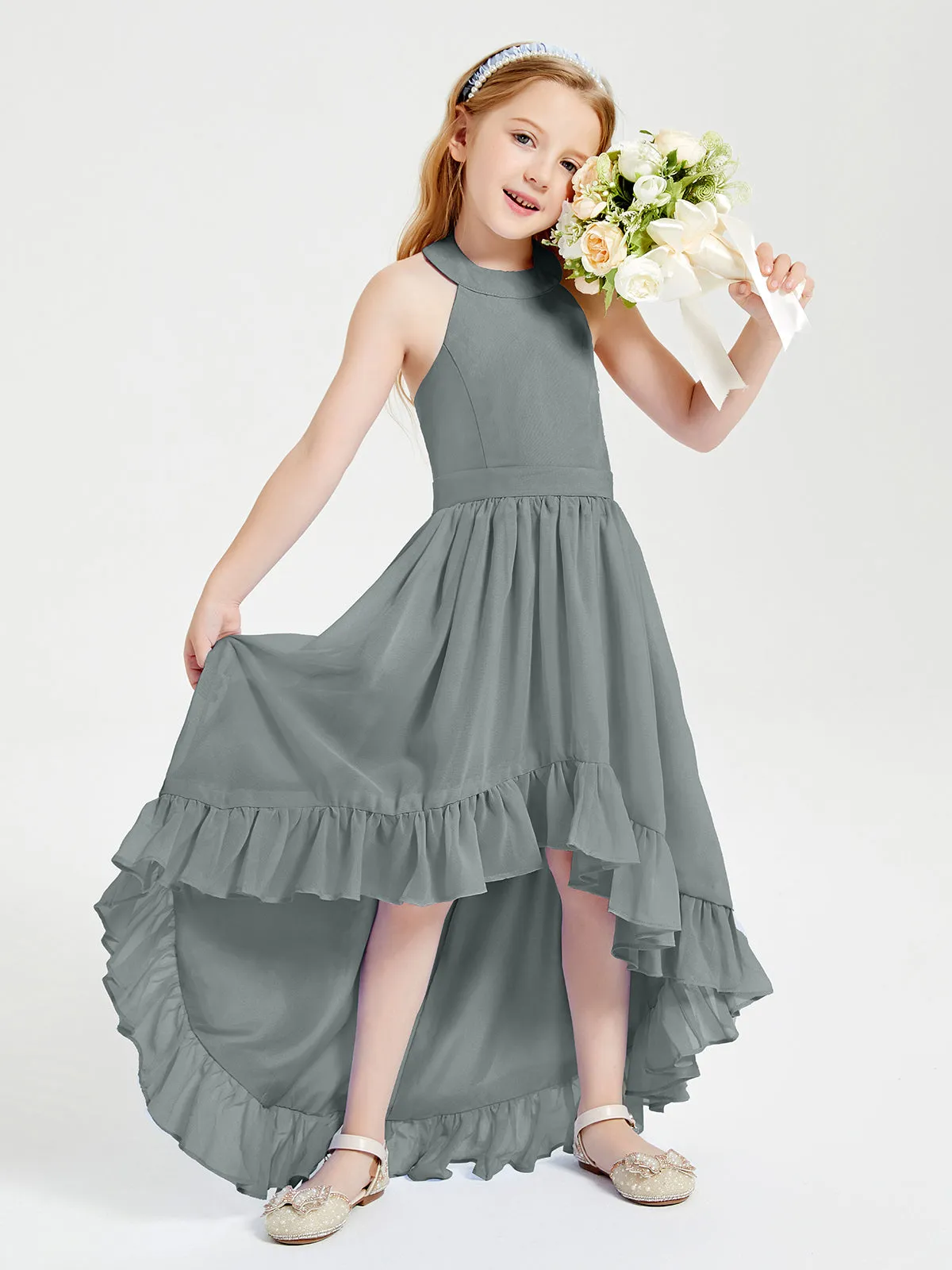 Boho Junior Bridesmaid Dresses Asymmetrical Cascading Skirt Steel Grey