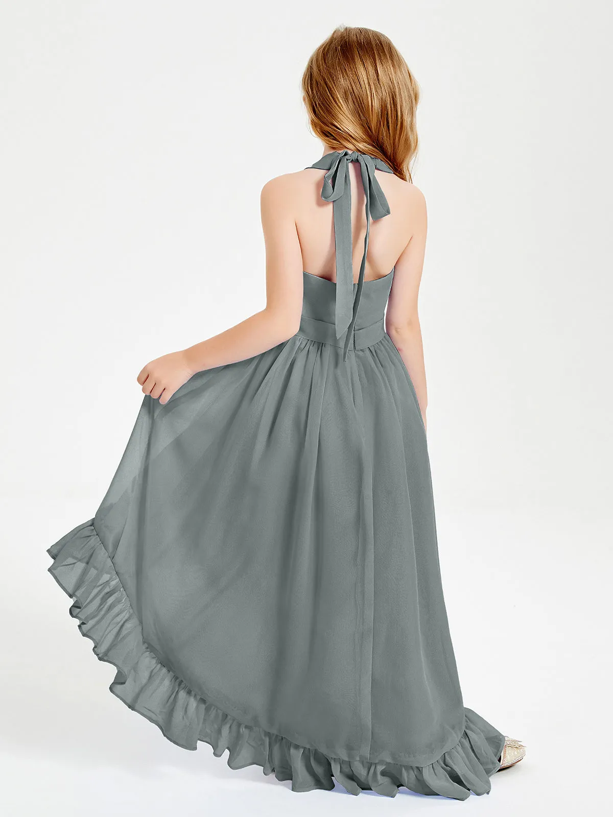 Boho Junior Bridesmaid Dresses Asymmetrical Cascading Skirt Steel Grey