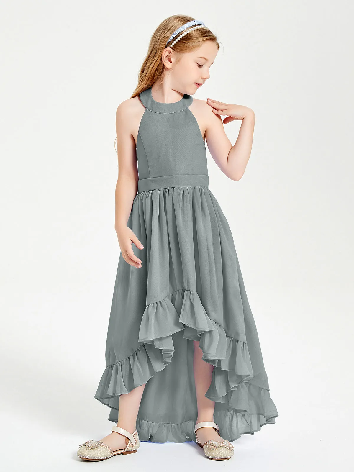 Boho Junior Bridesmaid Dresses Asymmetrical Cascading Skirt Steel Grey