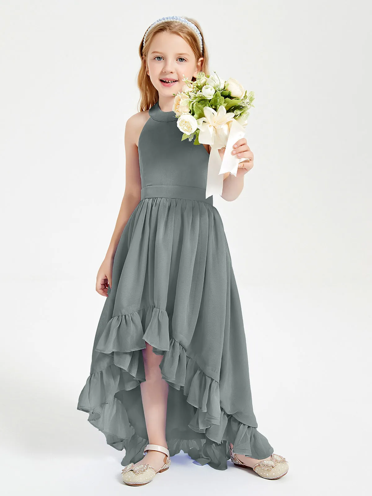 Boho Junior Bridesmaid Dresses Asymmetrical Cascading Skirt Steel Grey